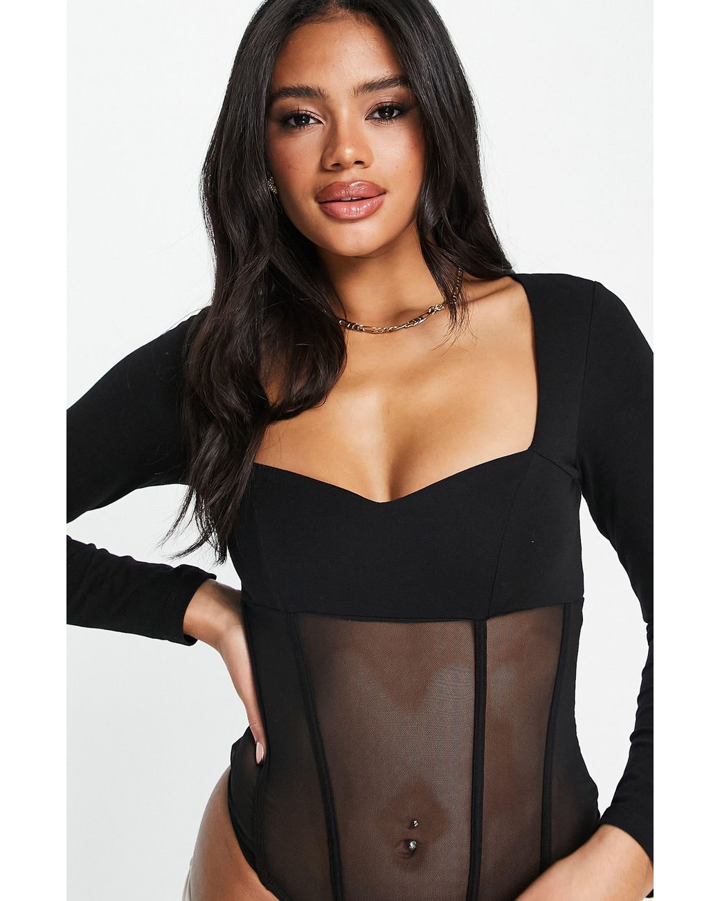 ASOS Corset Mesh Bodysuit in Black Lyst
