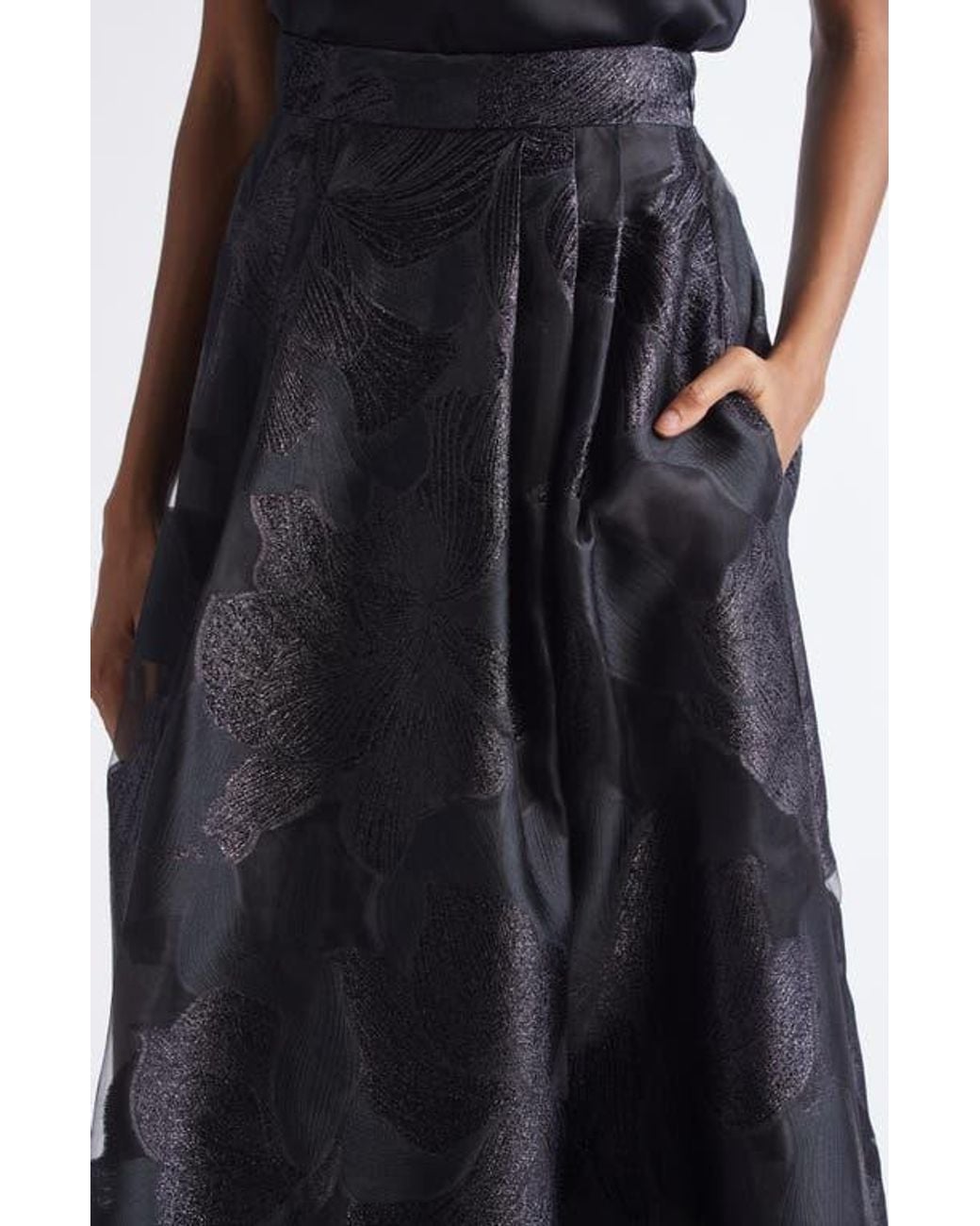 St. John Metallic Floral Jacquard Organza Skirt in Black | Lyst