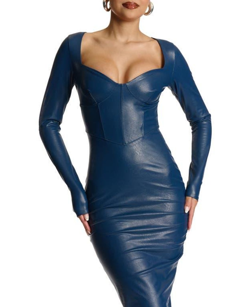 Naked Wardrobe Down To The Corset Long Sleeve Faux Leather Dress in Blue |  Lyst