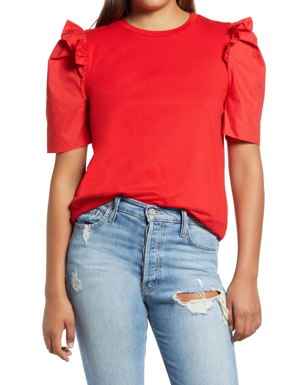 English Factory Mini Ruffle Puff Sleeve T-shirt in Red - Lyst