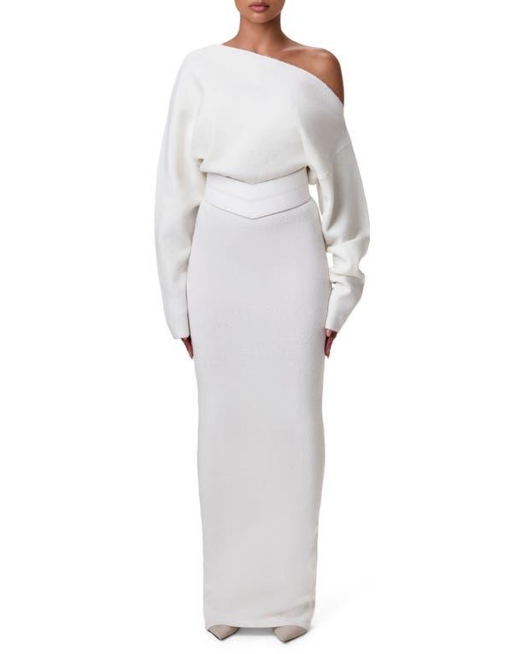 Naked Wardrobe One-Shoulder Long Sleeve Maxi Sweater Dress in Gray | Lyst