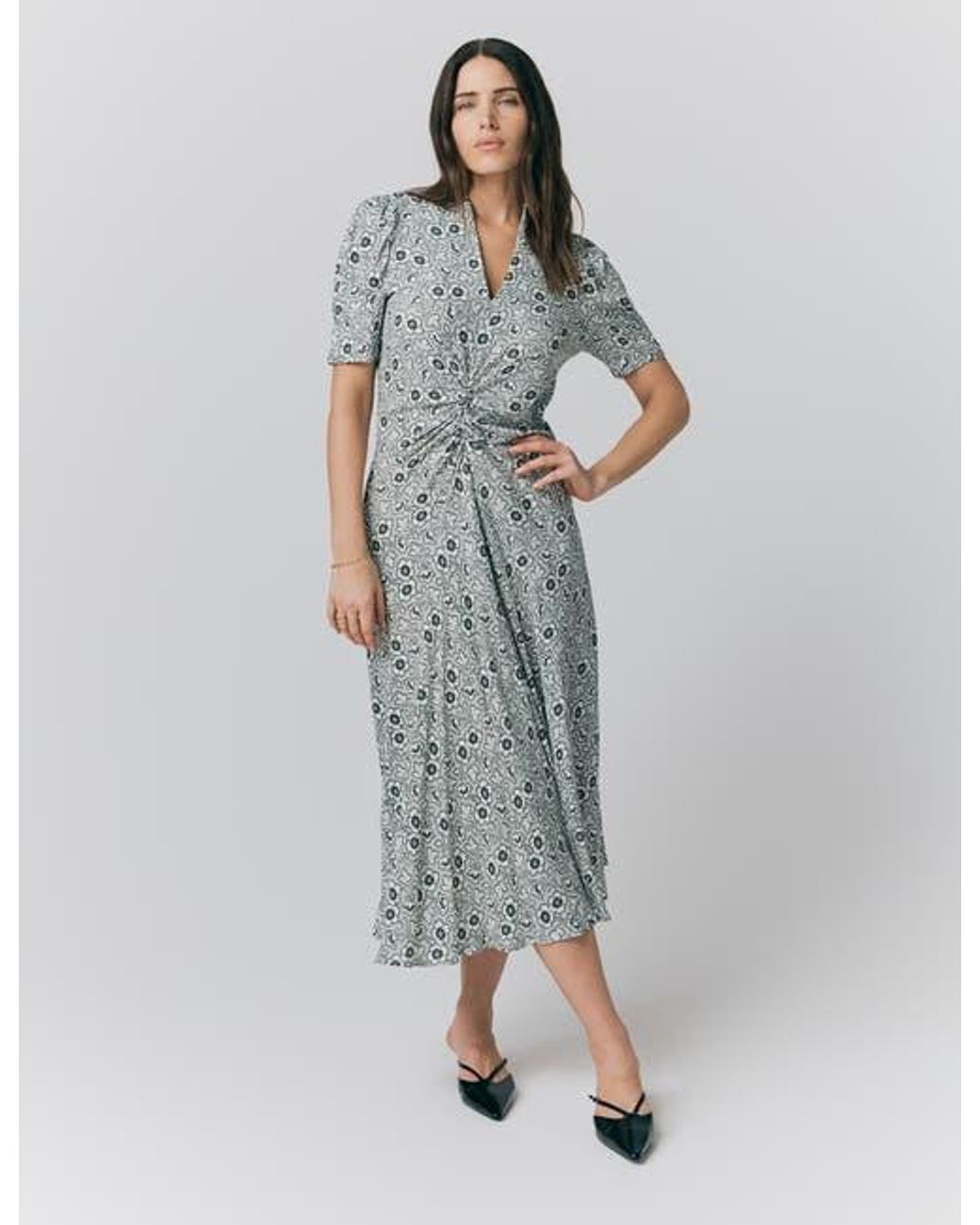 knee length dresses for ladies Ghost London UK. Tanya Sarne. Plum 100% Viscose Long Sleeve Midi V-Neck A-Line Midi Dress