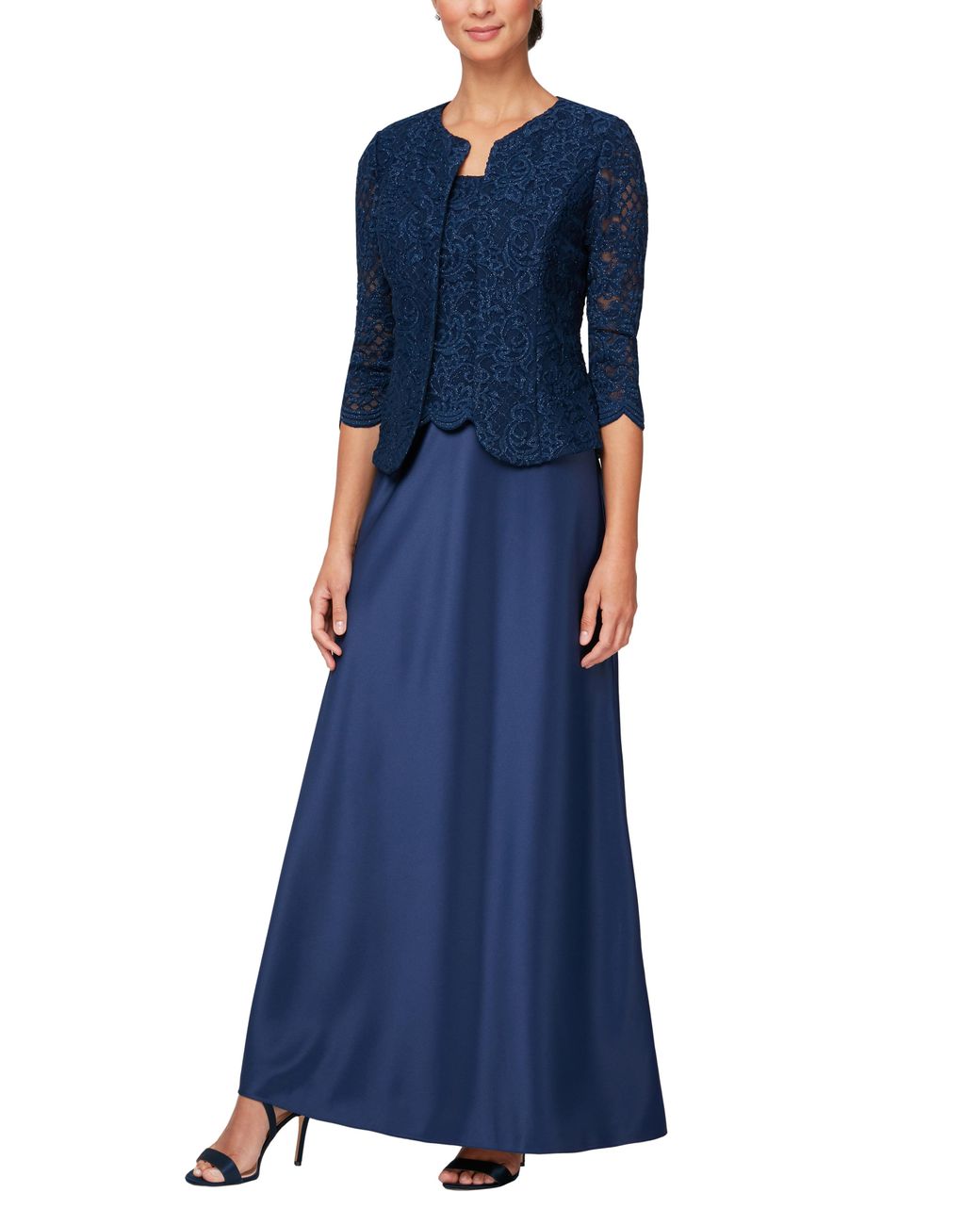 Alex Evenings Embroidered Lace Mock Two-piece Gown With Jacket in Navy ...