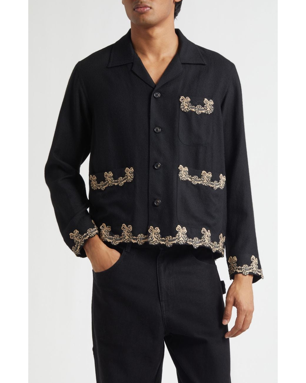 Bode Black Laurelist Wool Flannel Overshirt for men