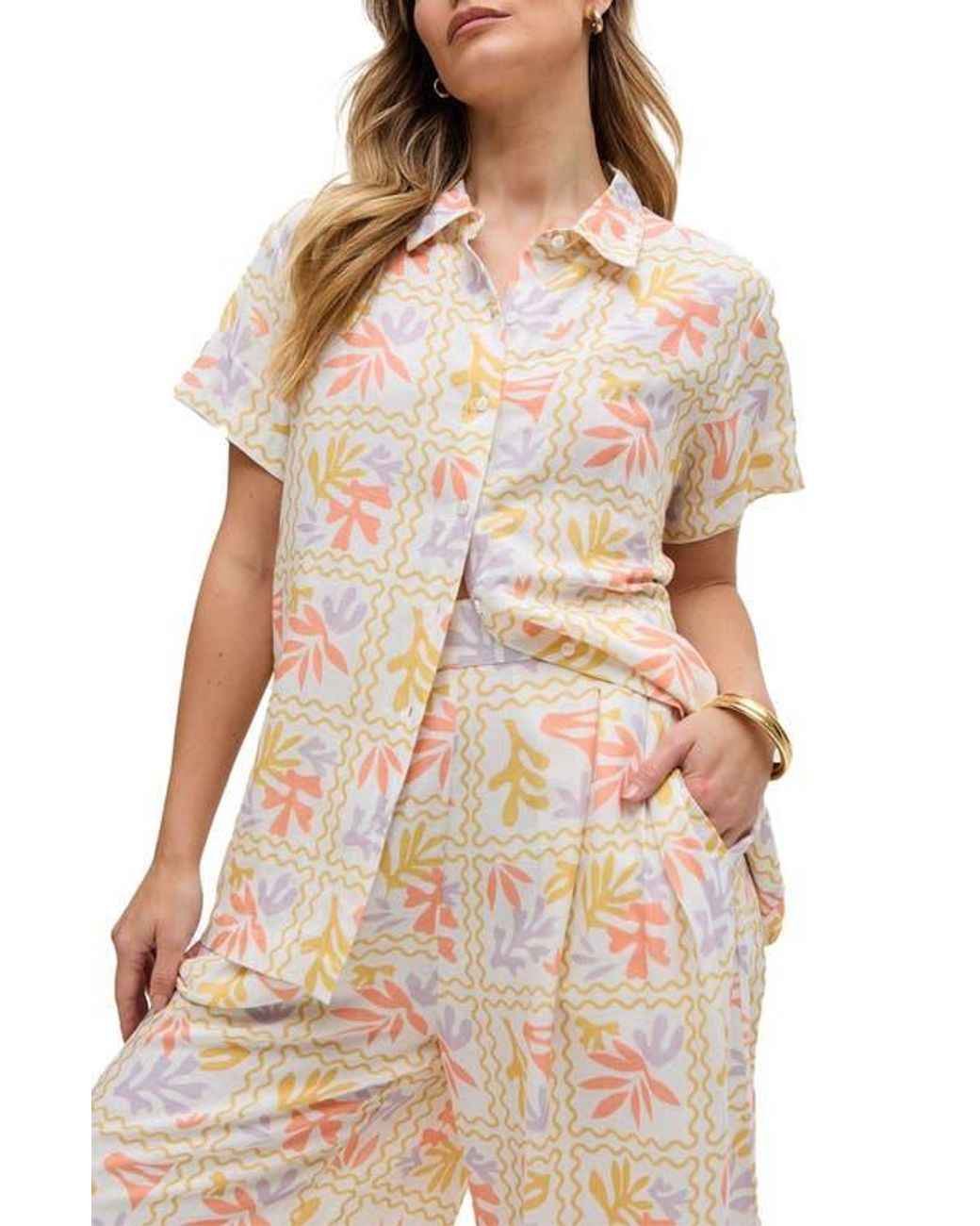 Raffya Natural Matisse Button Down Patchwork Floral Print Shirt