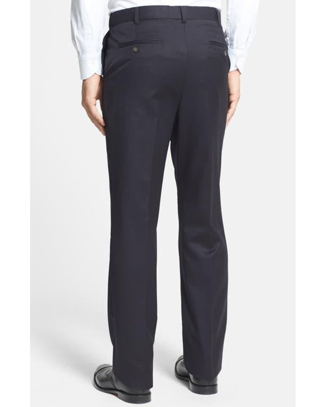 Berle Blue Self Sizer Waist Flat Front Classic Fit Wool Gabardine Trousers for men