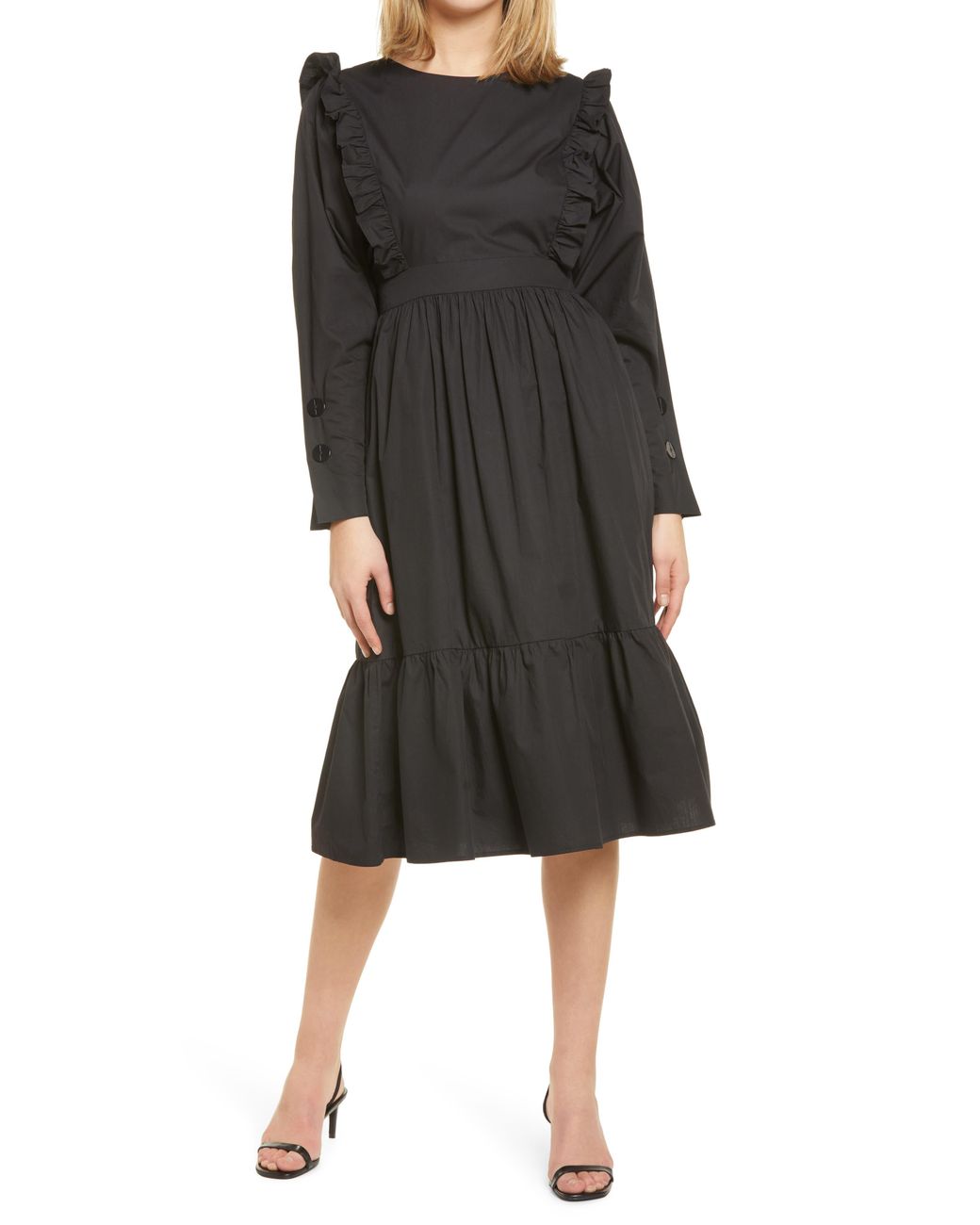 English Factory Ruffle Tiered Long Sleeve Midi Dress in Black - Lyst