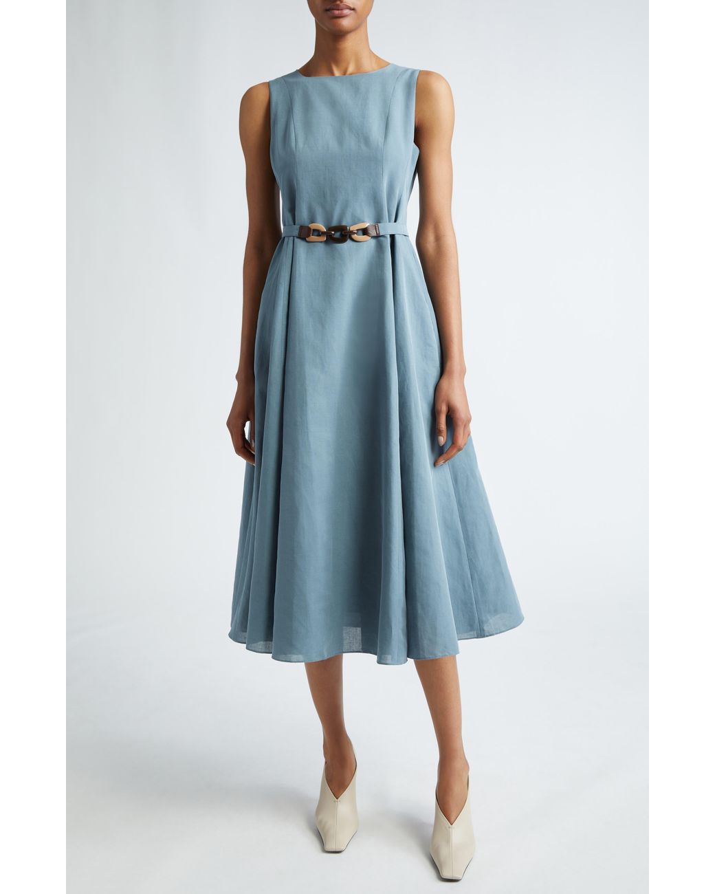 Max Mara Amelie Belted Sleeveless Cotton Linen A line Dress in Blue Lyst