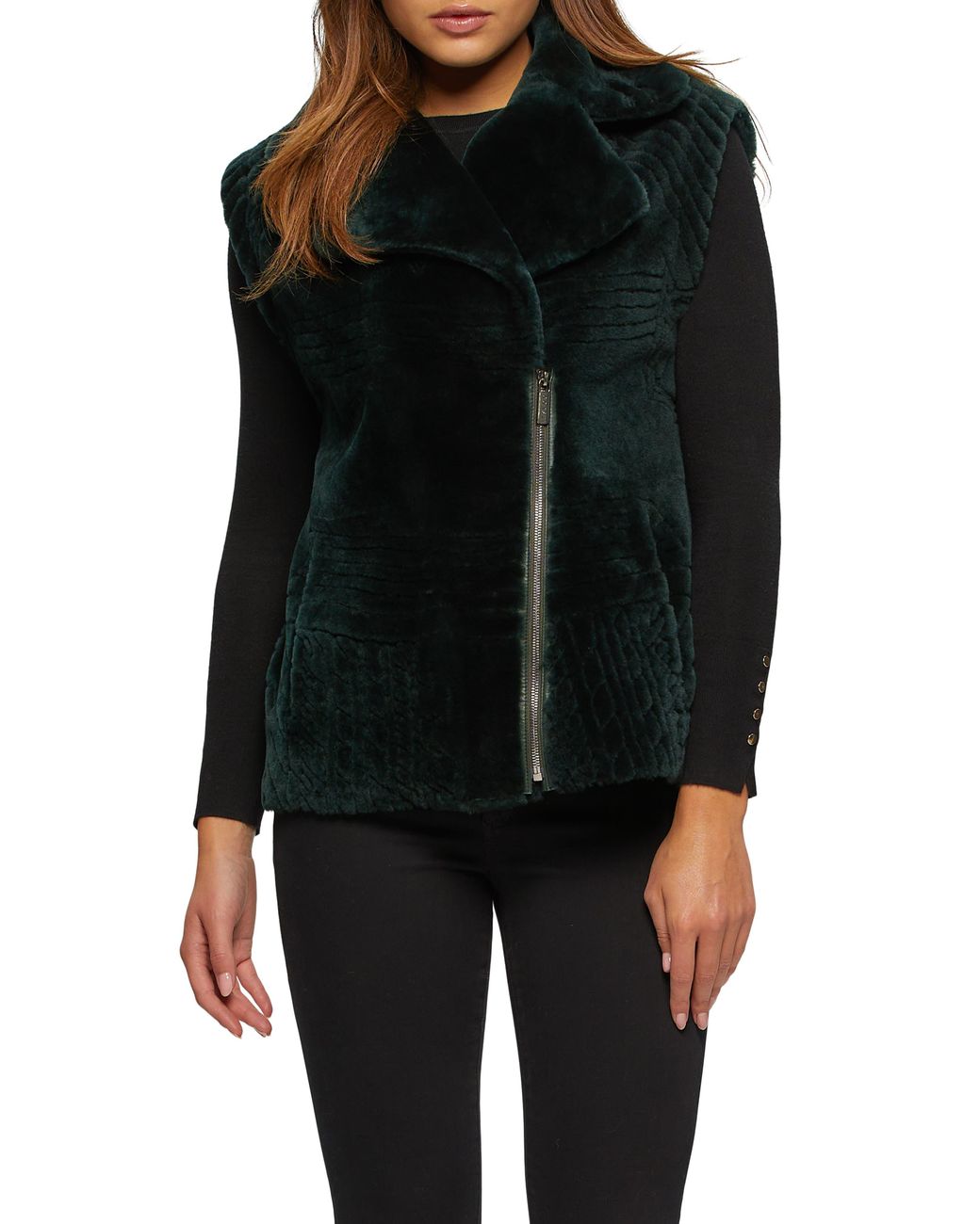 Gorski Black Genuine Shearling Zip Vest With Grooved Pattern