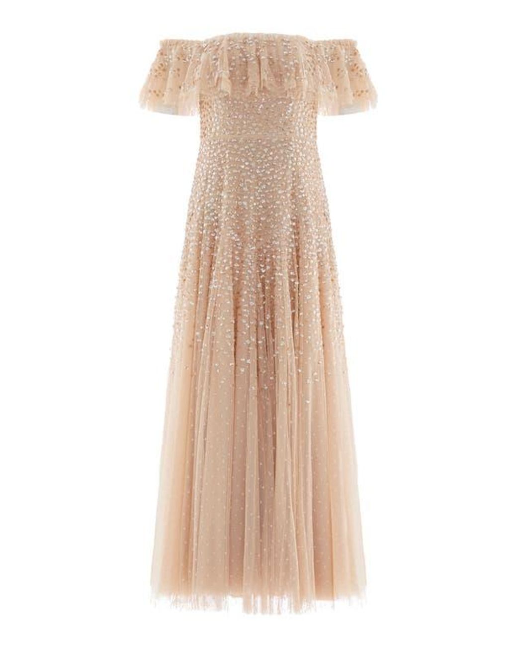 Needle & Thread Brown Dappled Sequin Off-Shoulder Ankle Gown