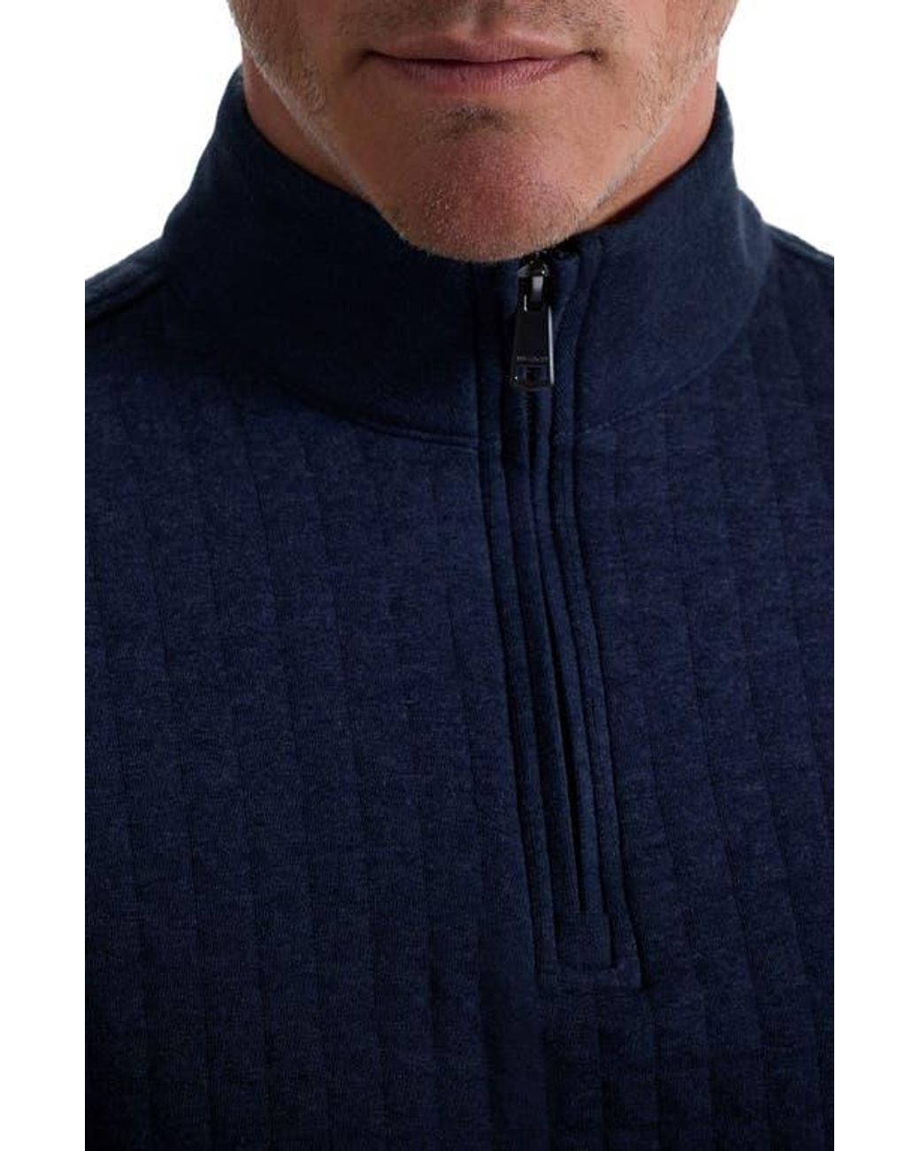 Bugatchi Blue Waffle Quarter Zip Cotton Blend Pullover for men