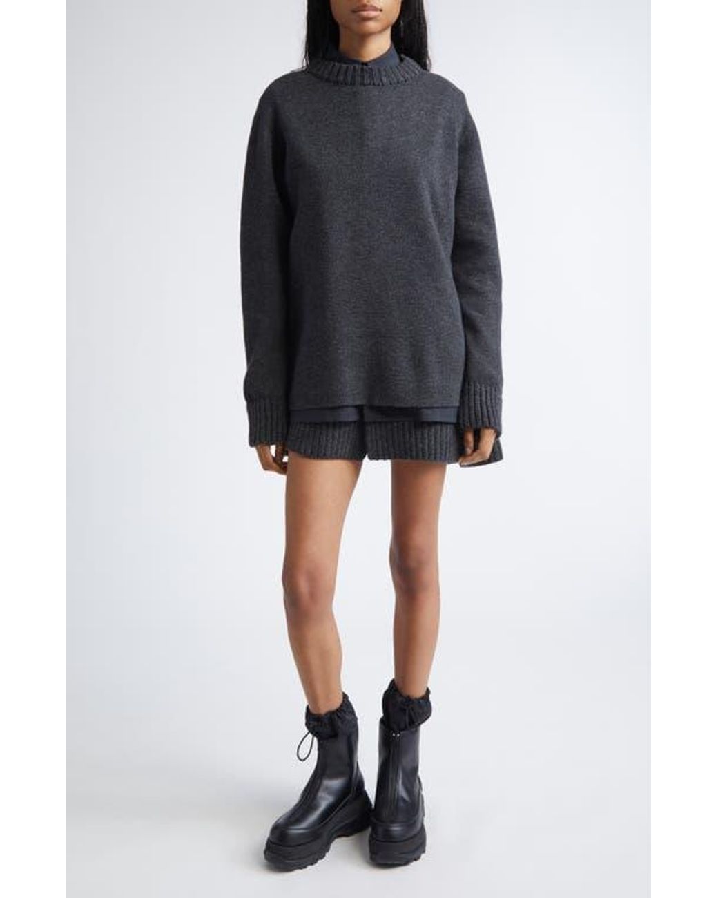 Sacai Mixed Media Long Sleeve Wool Suiting & Knit Sweater Dress in