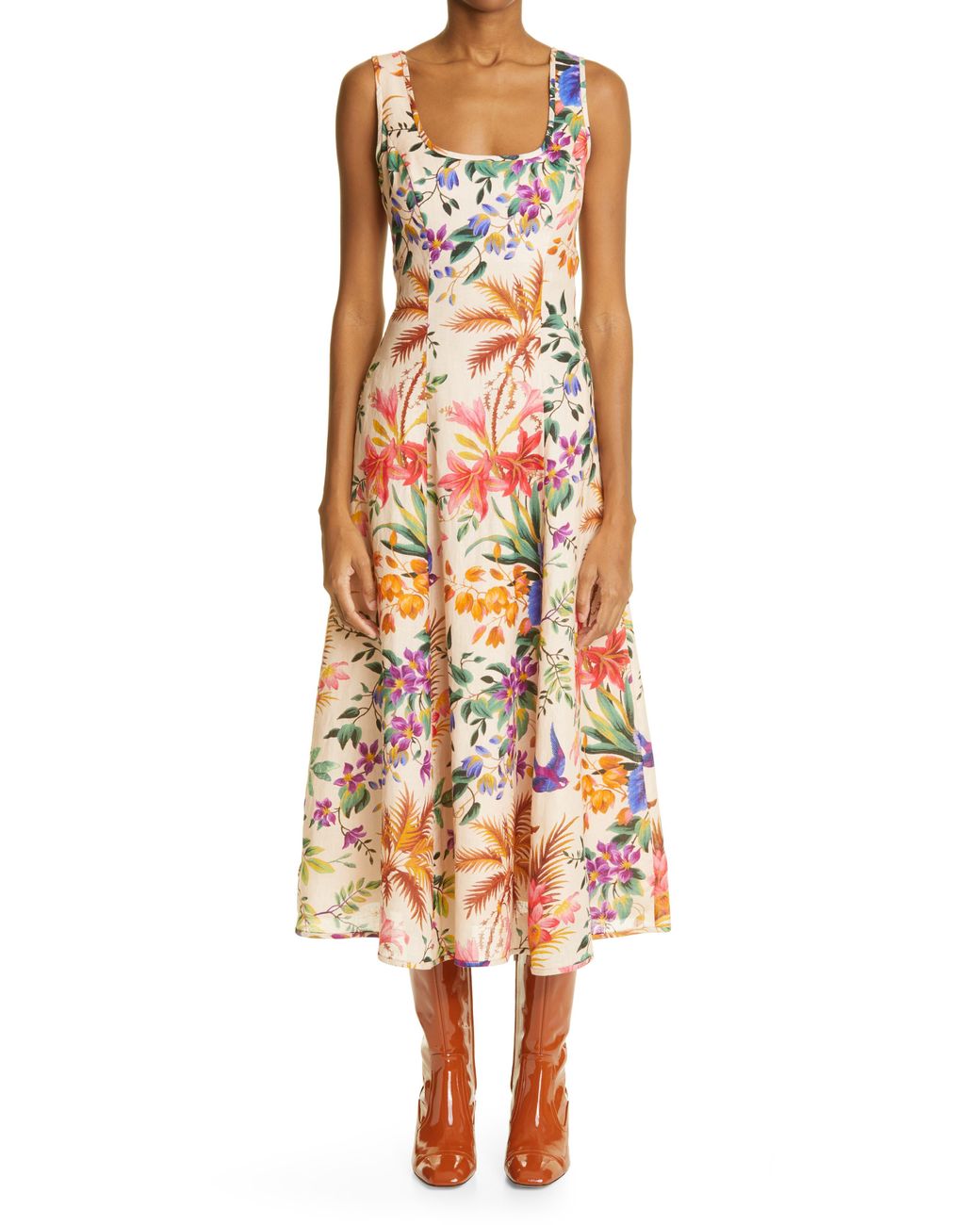 Zimmermann Tropicana Floral Print Cutout Linen Midi Dress in White | Lyst