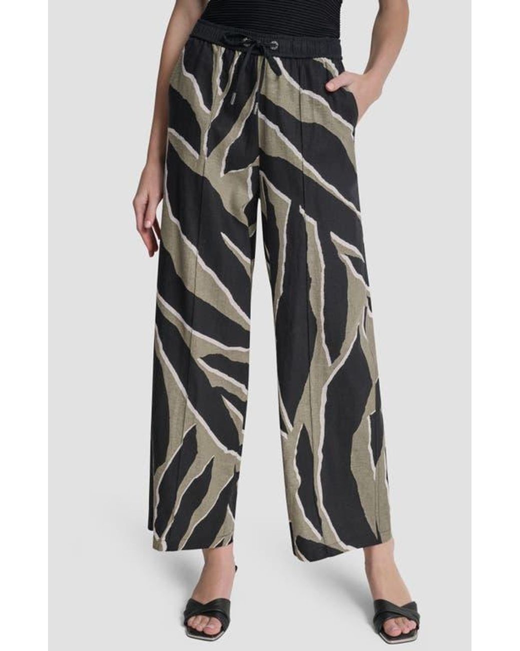 DKNY Black Print Linen Blend Drawstring Pants