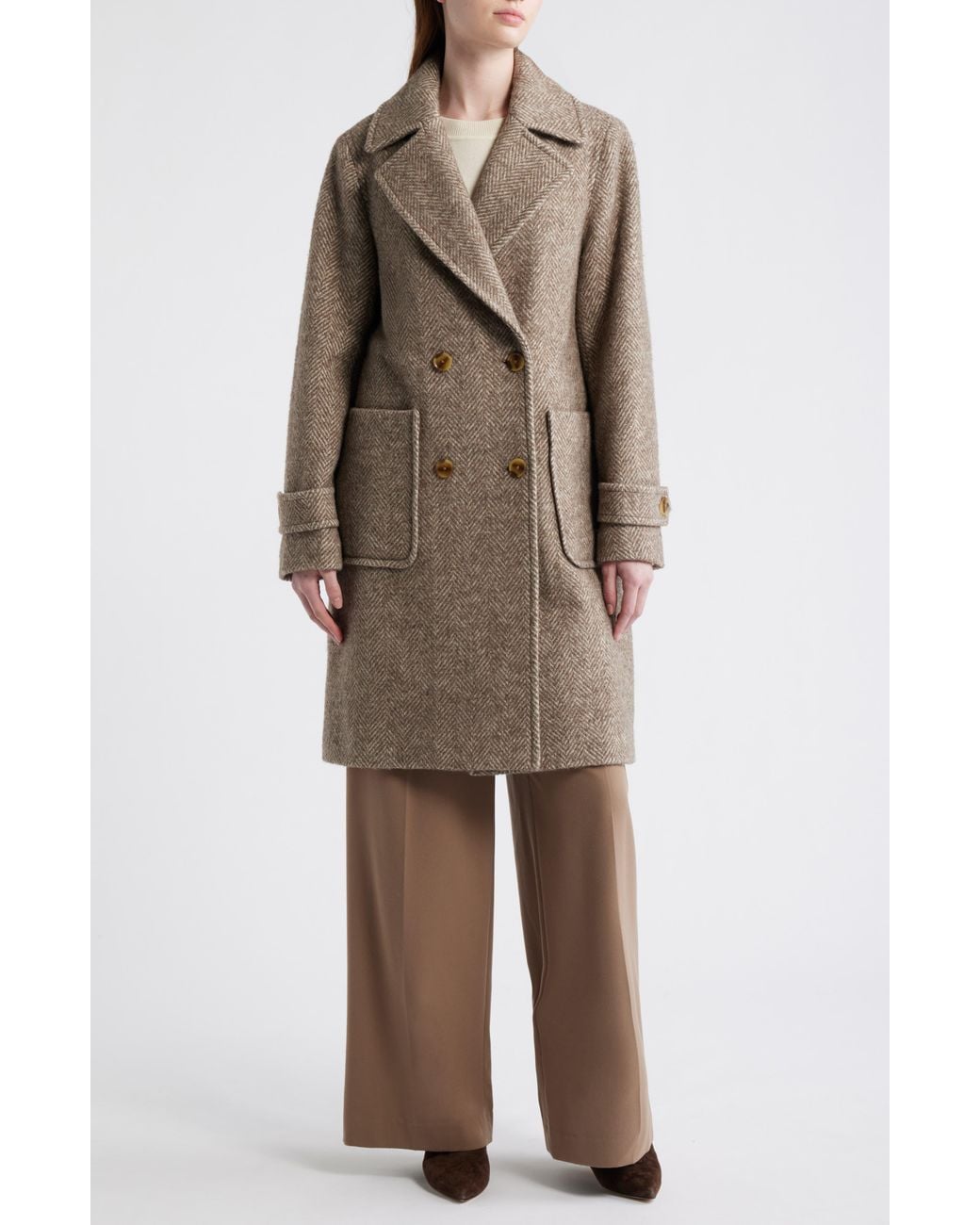 BCBGMAXAZRIA Natural Double Breasted Wool Blend Herringbone Coat