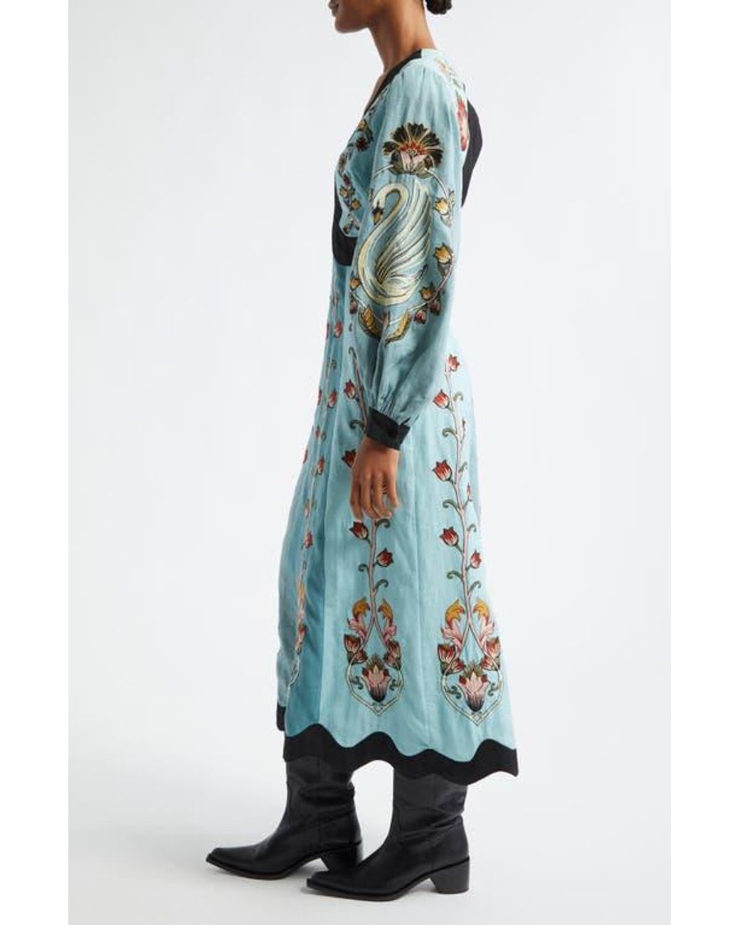 farm rio floral embroidered long sleeve cutout linen midi dress Farm Rio Embroidered Cut-Out Midi Dress