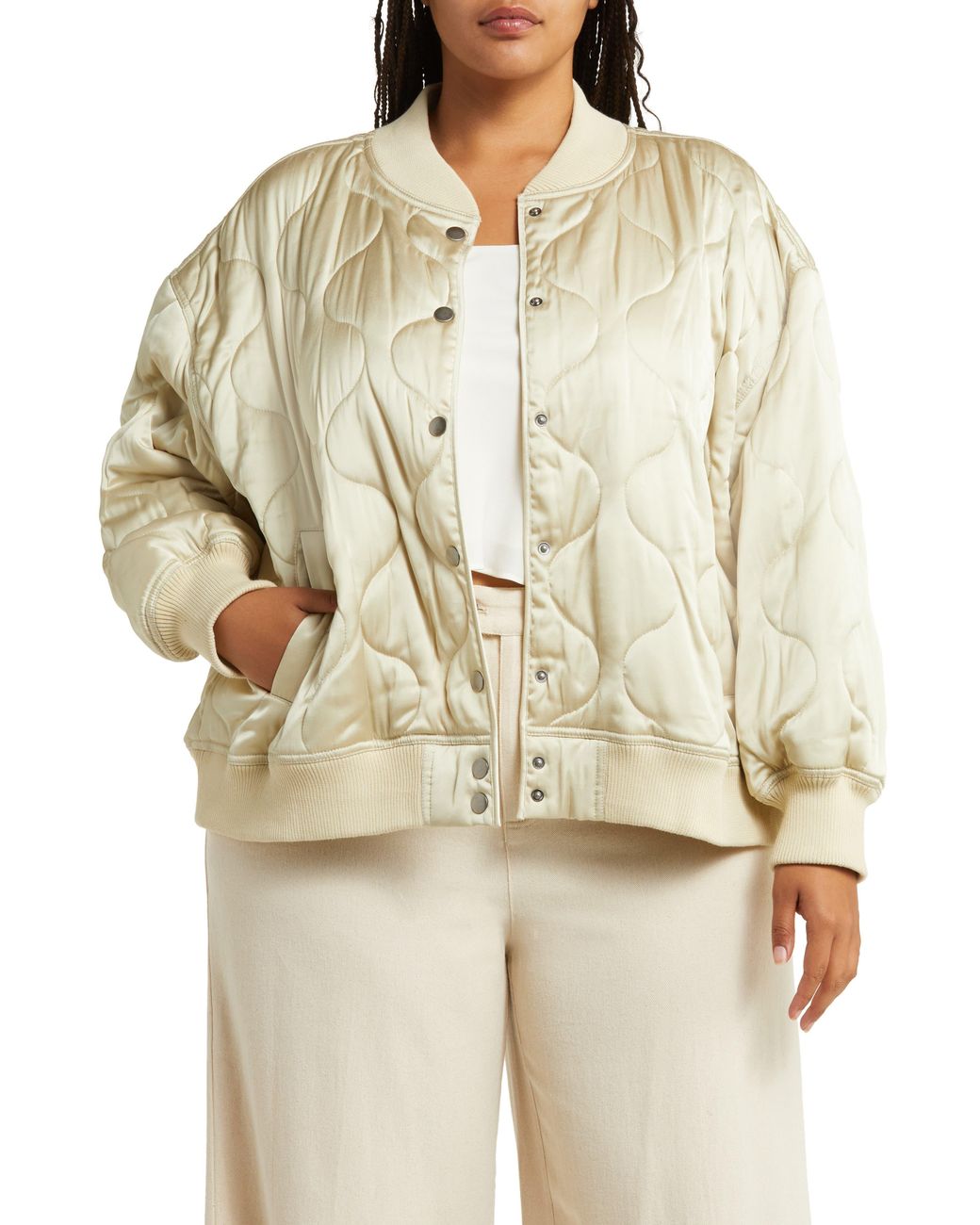 Treasure Bond Oversize Quilted Satin Bomber Jacket in Natural Lyst