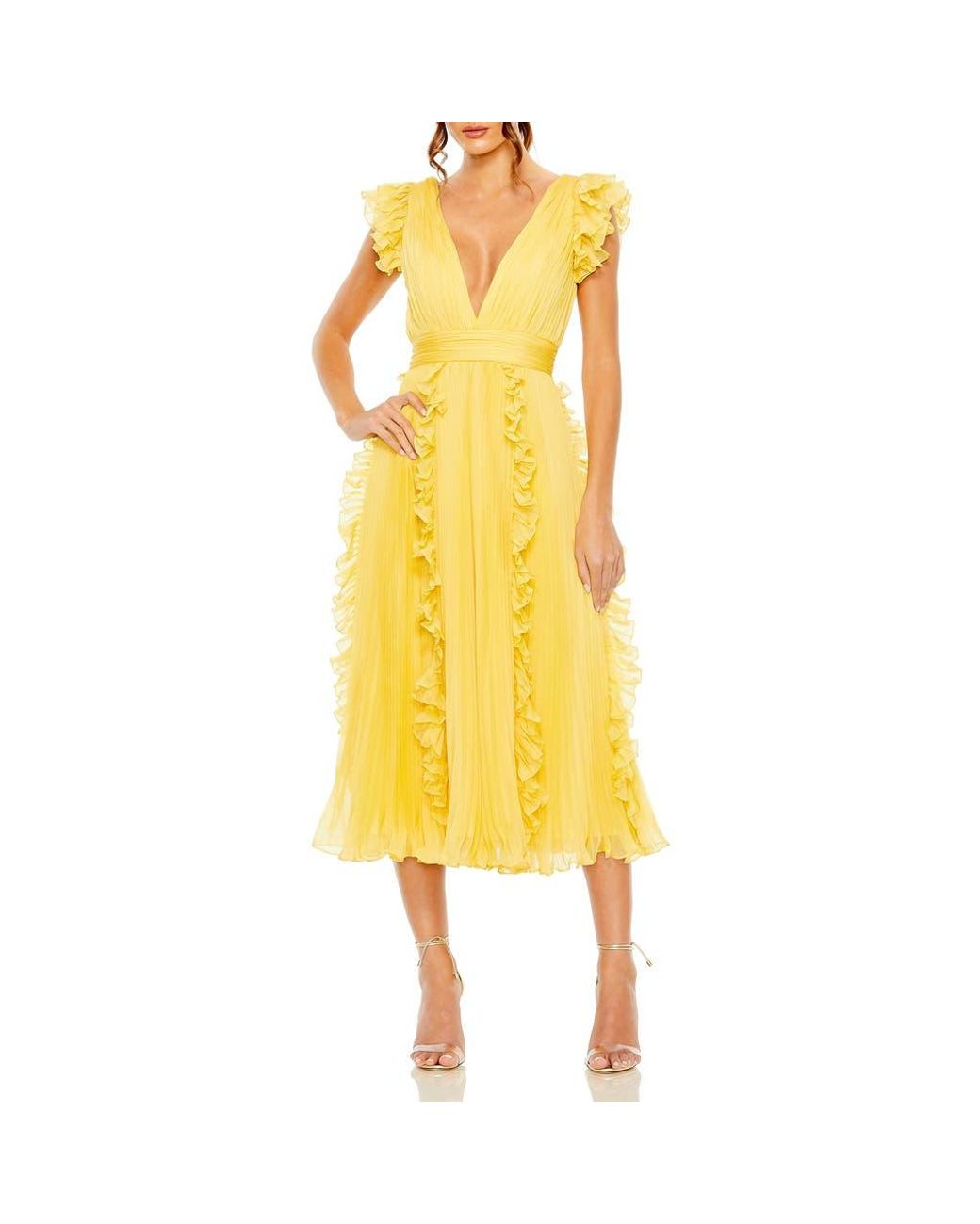 Mac Duggal Pleated Chiffon V Neck Ruffle Midi Dress in Yellow | Lyst