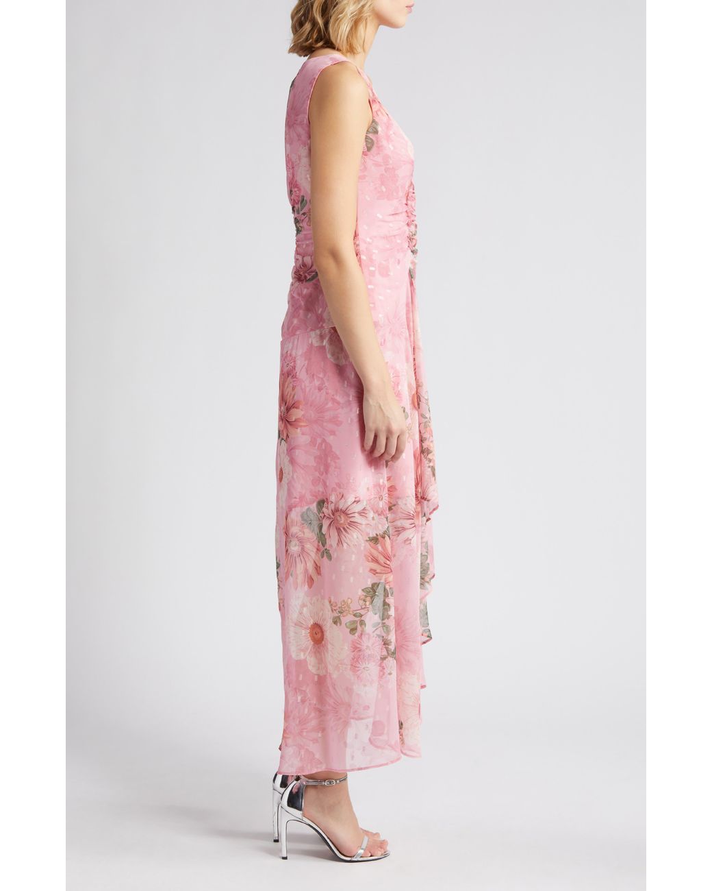 Eliza J Floral Ruched Clip Dot Chiffon Cocktail Dress in Pink Lyst