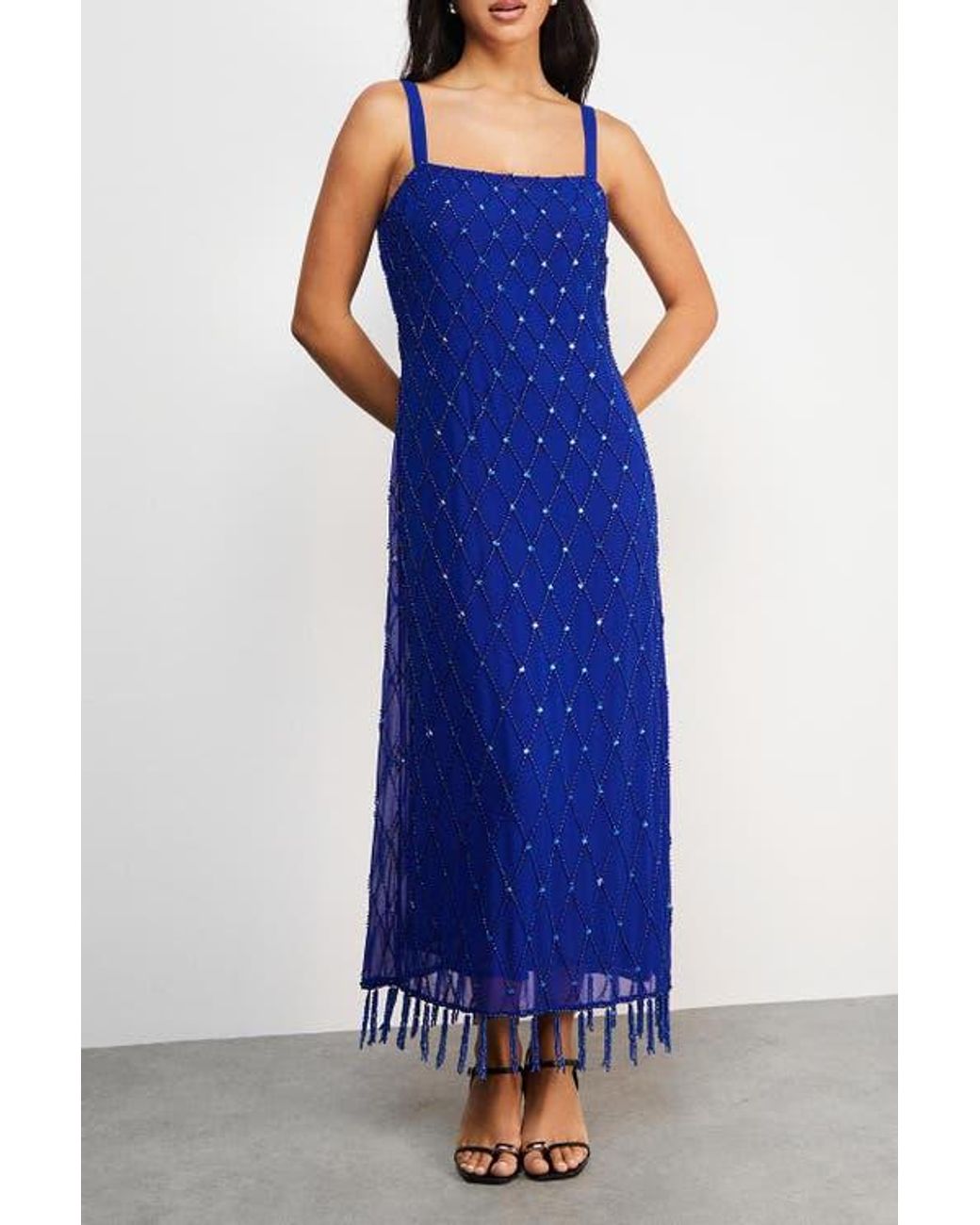 Warehouse Blue Hand Embellished Fringe Hem Midi Dress