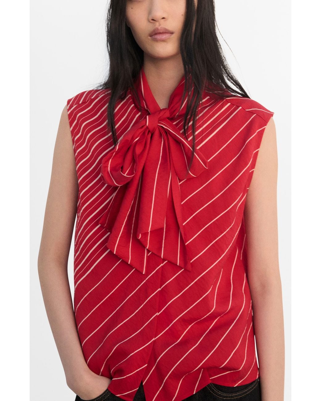 Mango Red Stripe Tie Neck Top