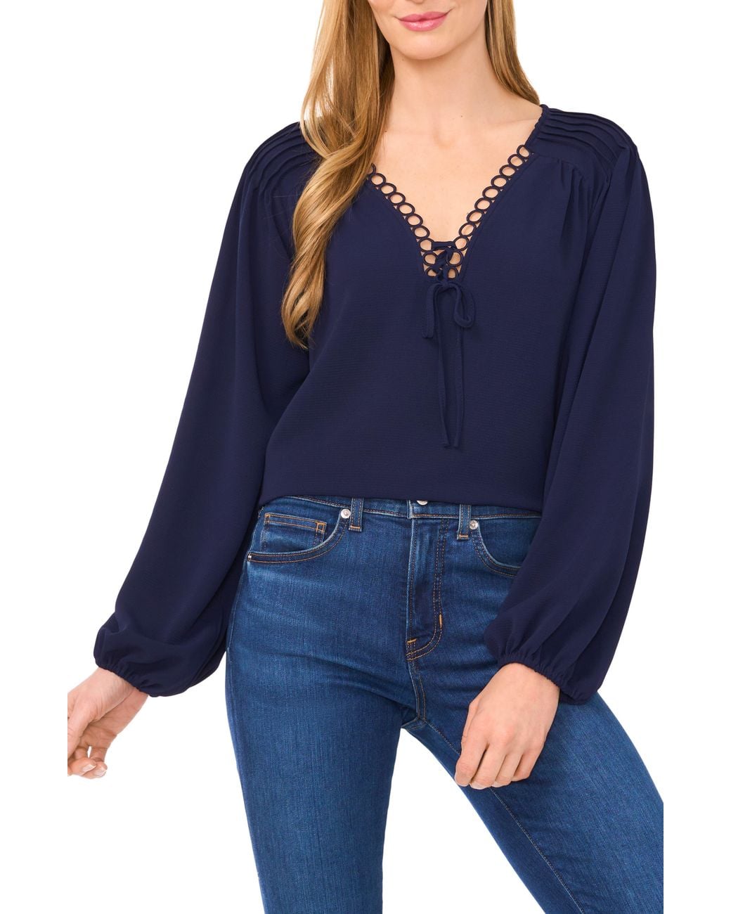 Cece Blue Circle Trim Pintuck Top