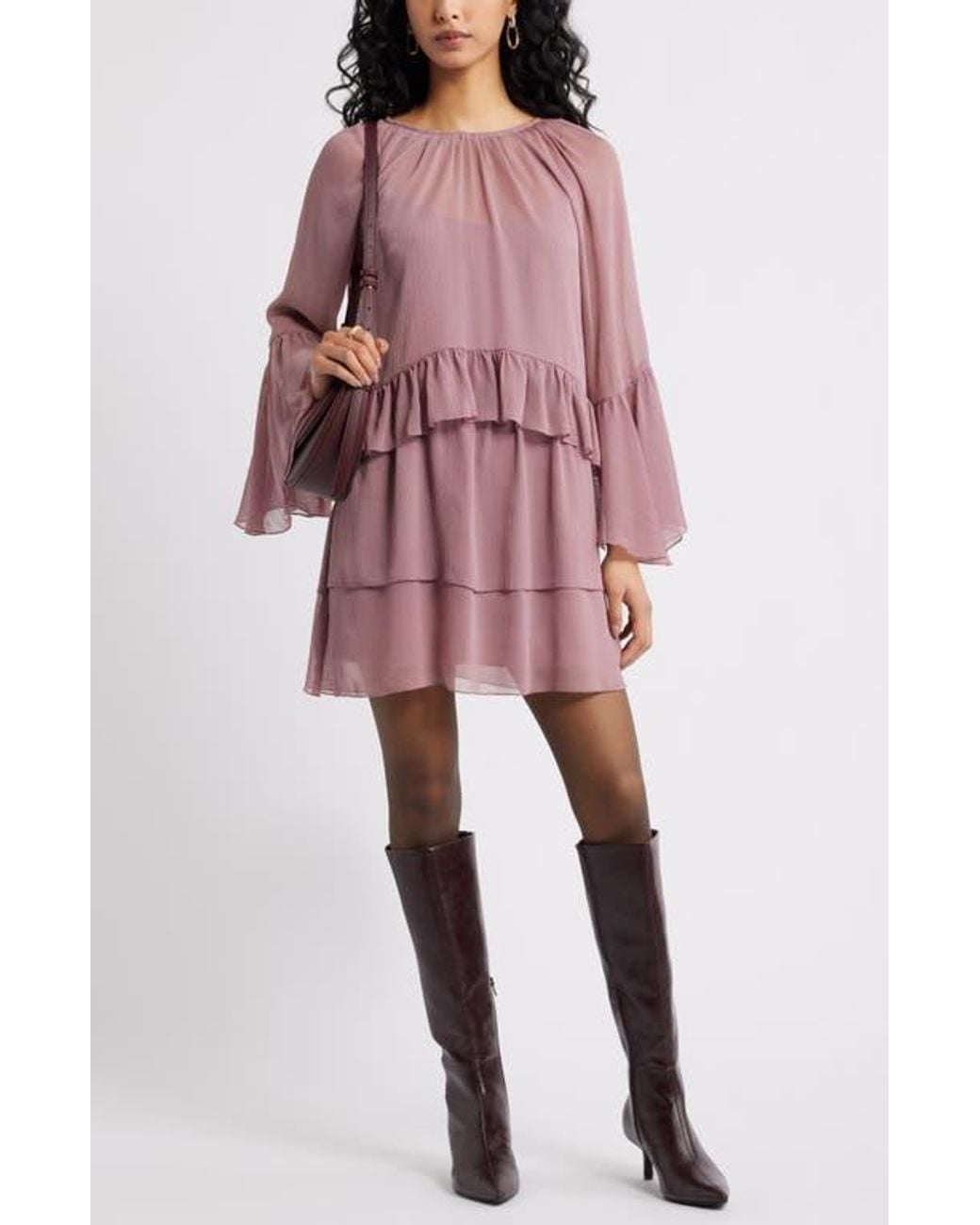 white christmas dresses Long Sleeve Tiered Ruffle Chiffon V-neck Dress with Tie Waist in Black –  Shop Hearts main image 1
