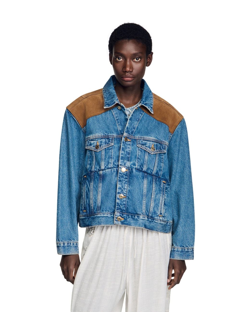 Sandro Blue Denim And Suede Jacket