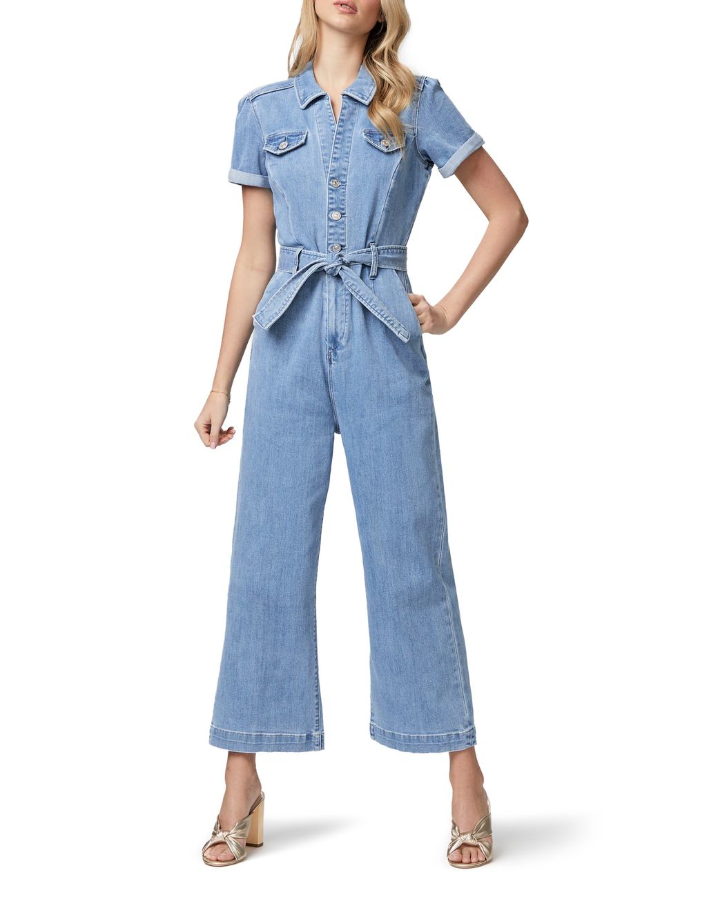 PAIGE Anessa Puff Sleeve Crop Wide Leg Denim Jumpsuit in Blue | Lyst