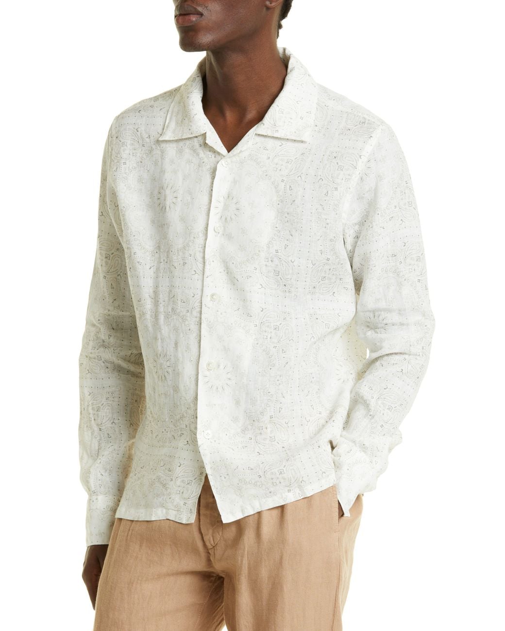 Eleventy Paisley Tile Print Linen Button-up Shirt in White for Men | Lyst
