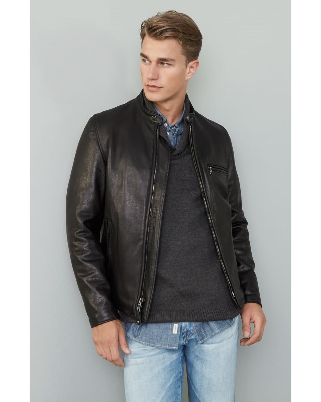 Men S Black Café Racer Oil Tanned Cowhide Leather Moto Jacket