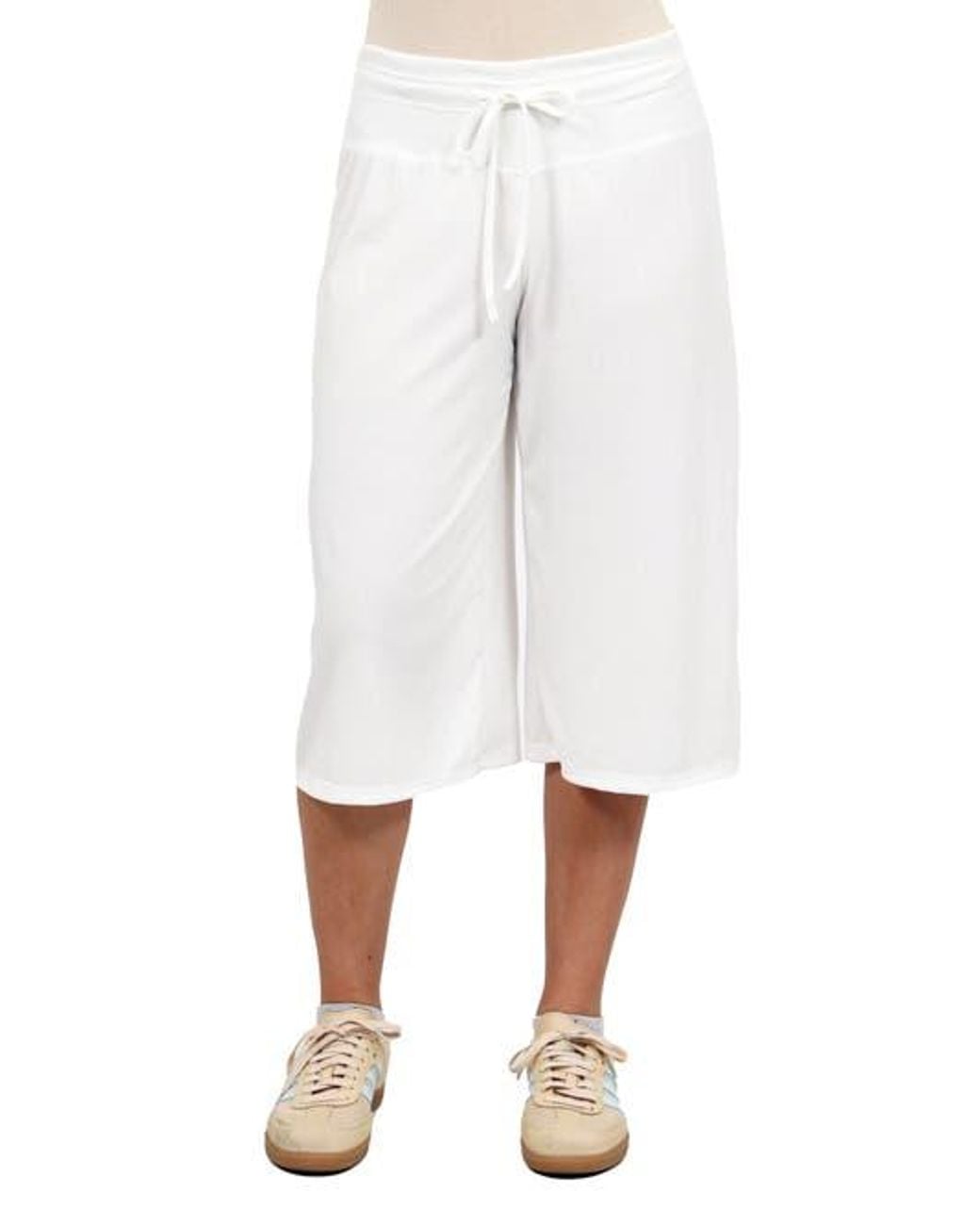 24seven Comfort Apparel White Basic Ribbed Knit Drawstring Flared Capri Pants
