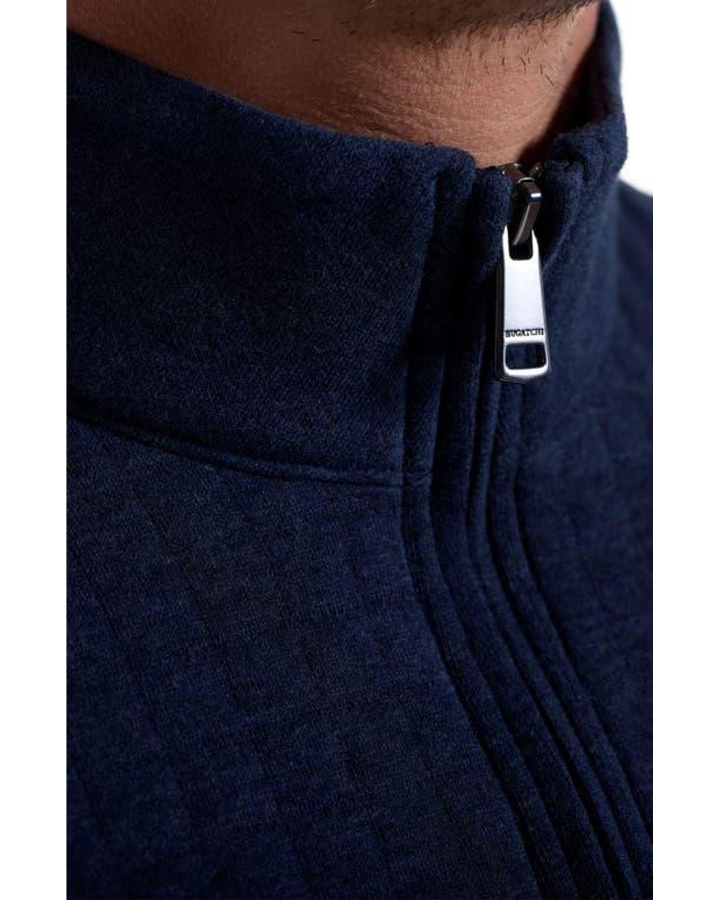 Bugatchi Blue Waffle Quarter Zip Cotton Blend Pullover for men