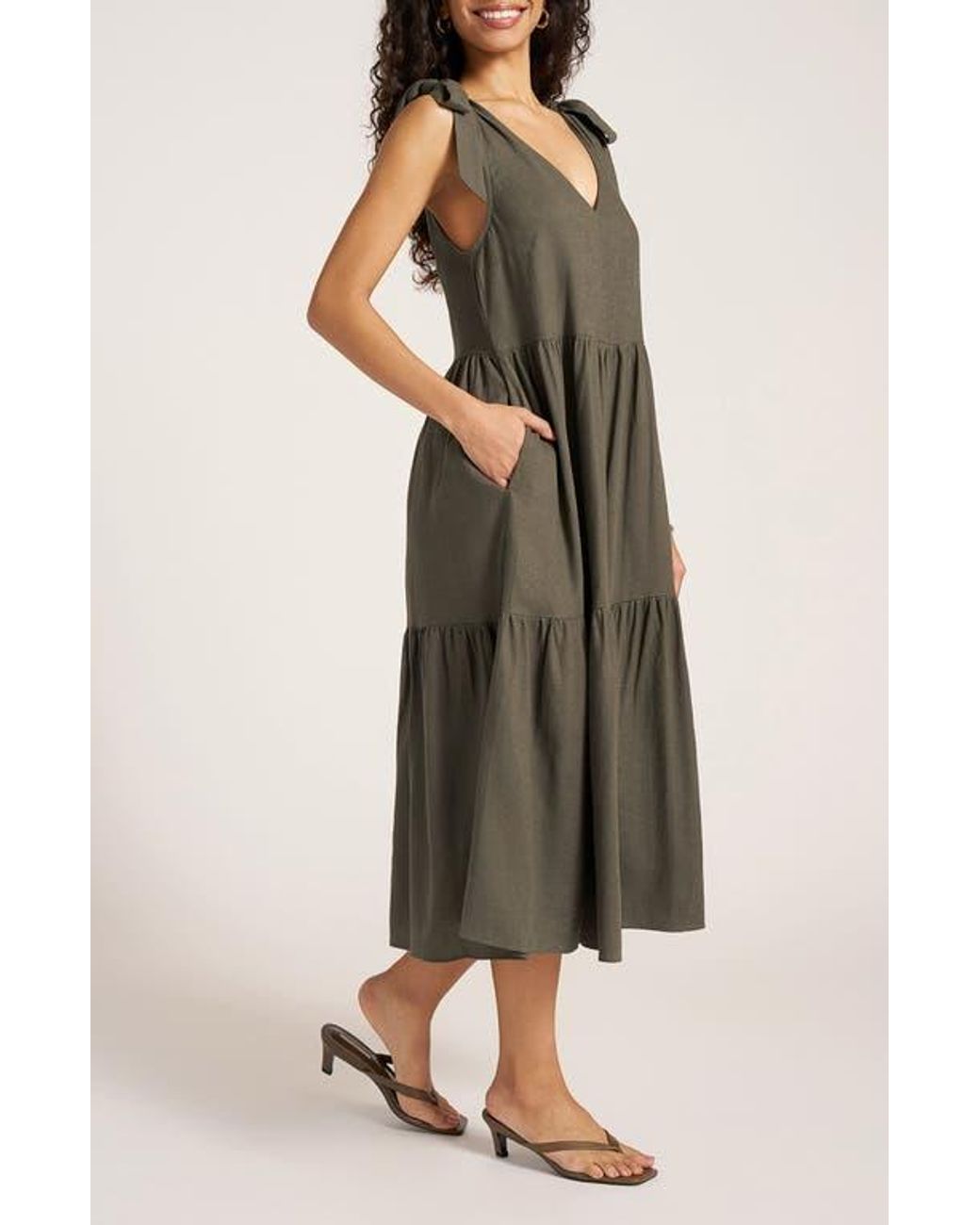 Matty M Green Louisa Shoulder Tie Linen Blend Sundress