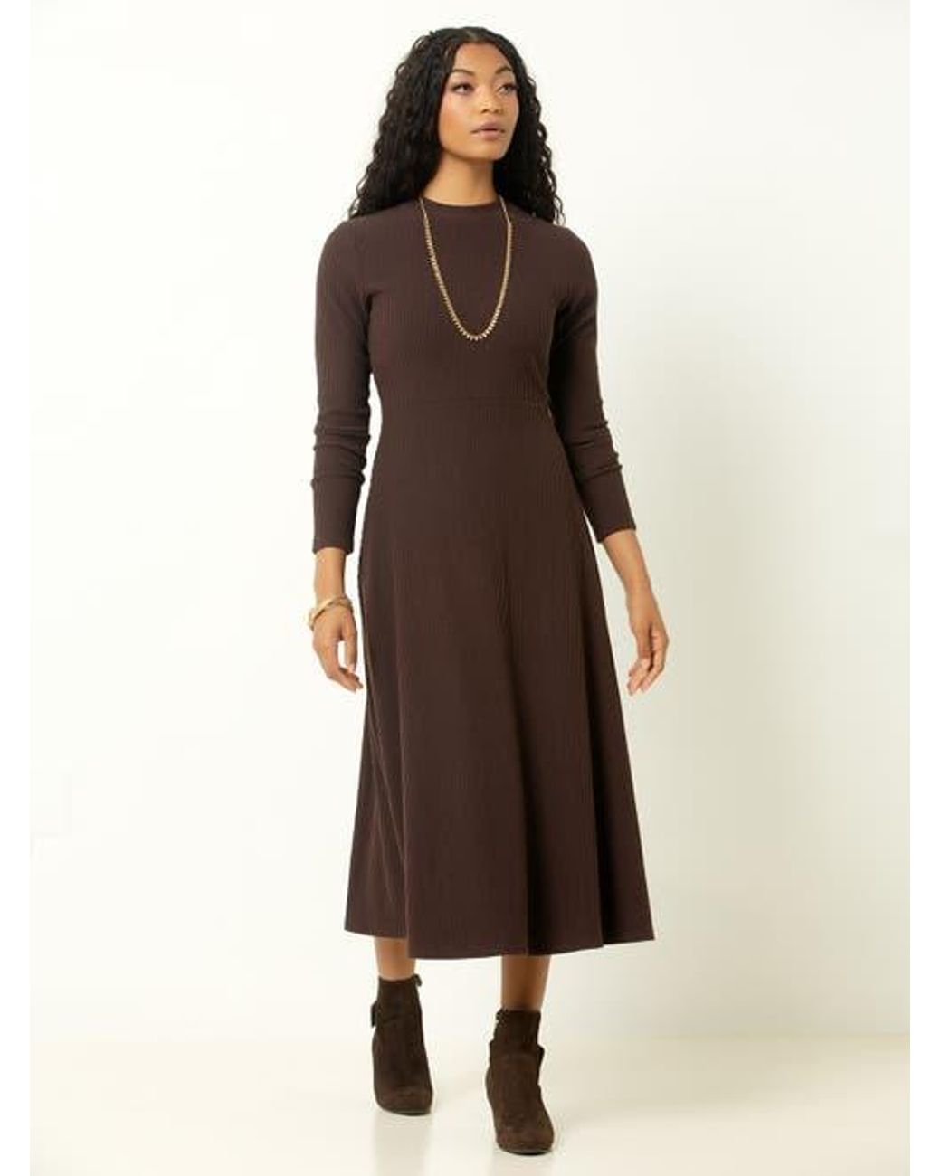 strapless open back dress Brown Midi Dress Long Sleeve Round Neck Rib Knitted