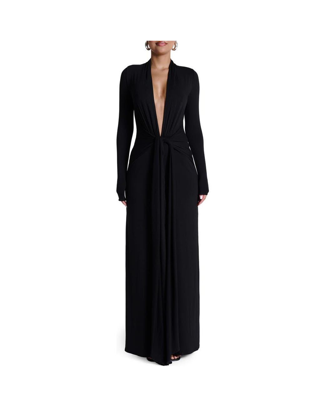 Naked Wardrobe Plunge Neck Long Sleeve Stretch Jersey Maxi Dress in Black |  Lyst