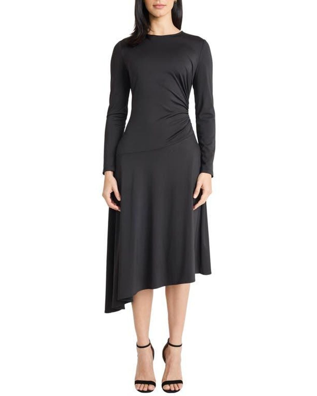 knee length dresses for ladies ASYMMETRIC DRAPED BOAT NECK MIDI DRESS – Maggy London main image 0