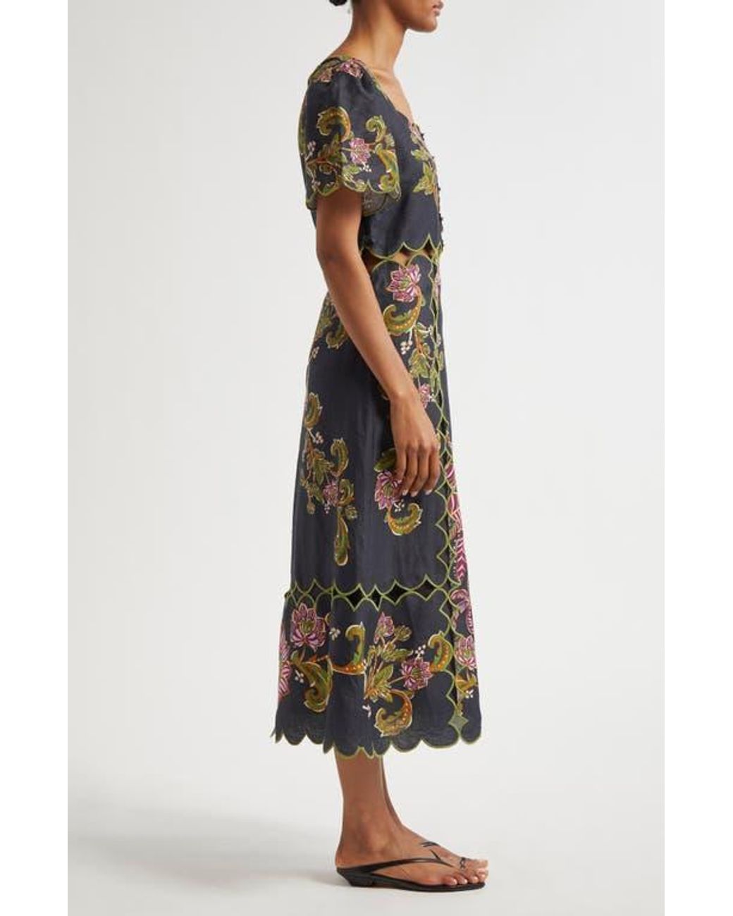 FARM Rio Ravenala Floral Short Sleeve Midi Dress in Black | Lyst