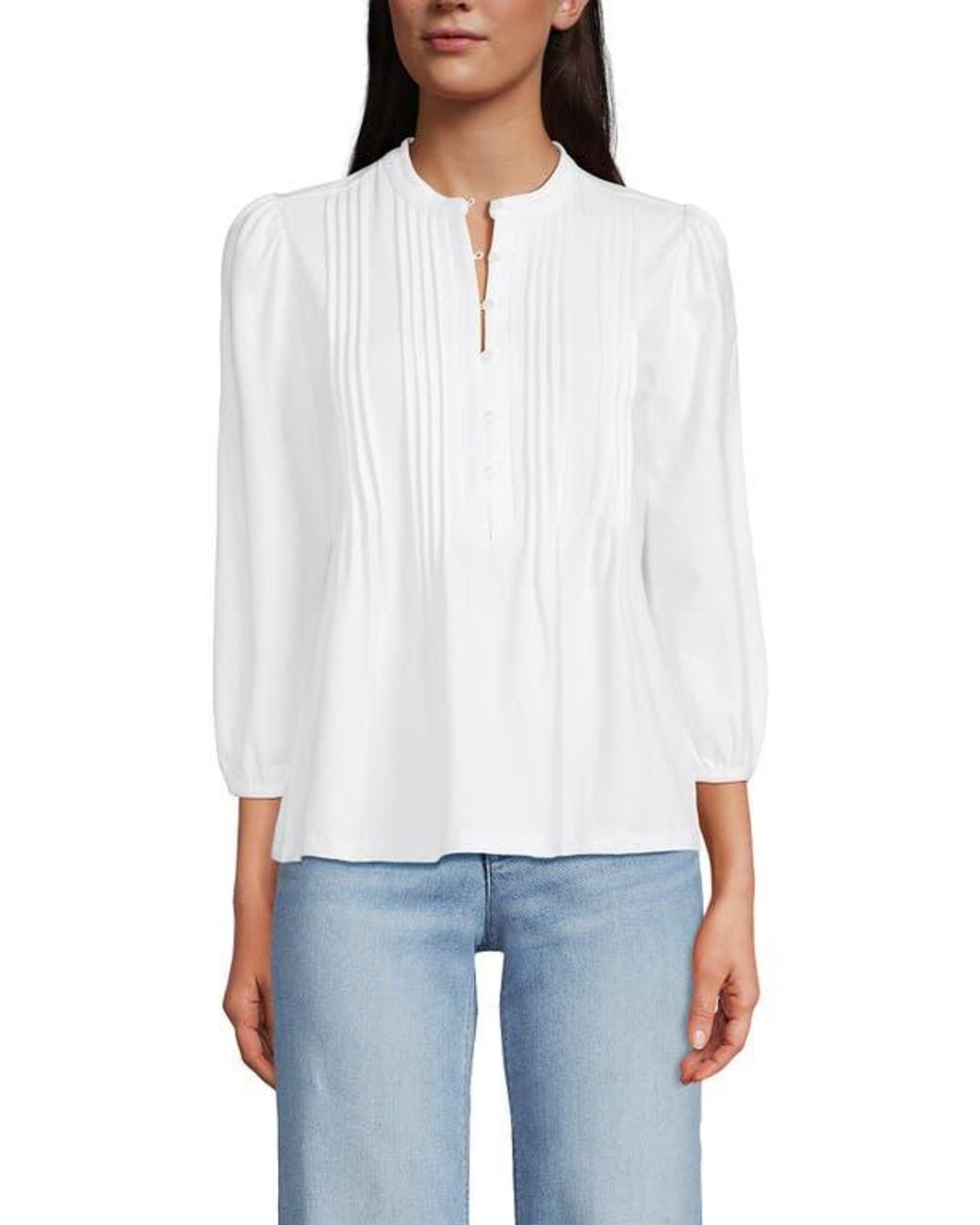 Lands' End White Plus Size Lightweight Jersey Button Pintuck Top