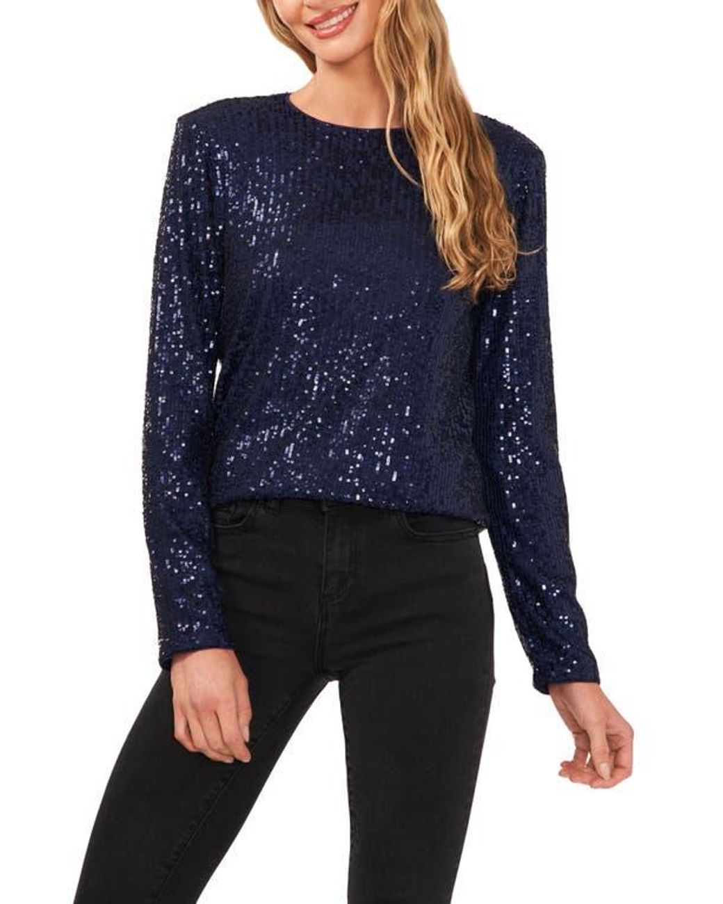 Blue sequin long sleeve top discount