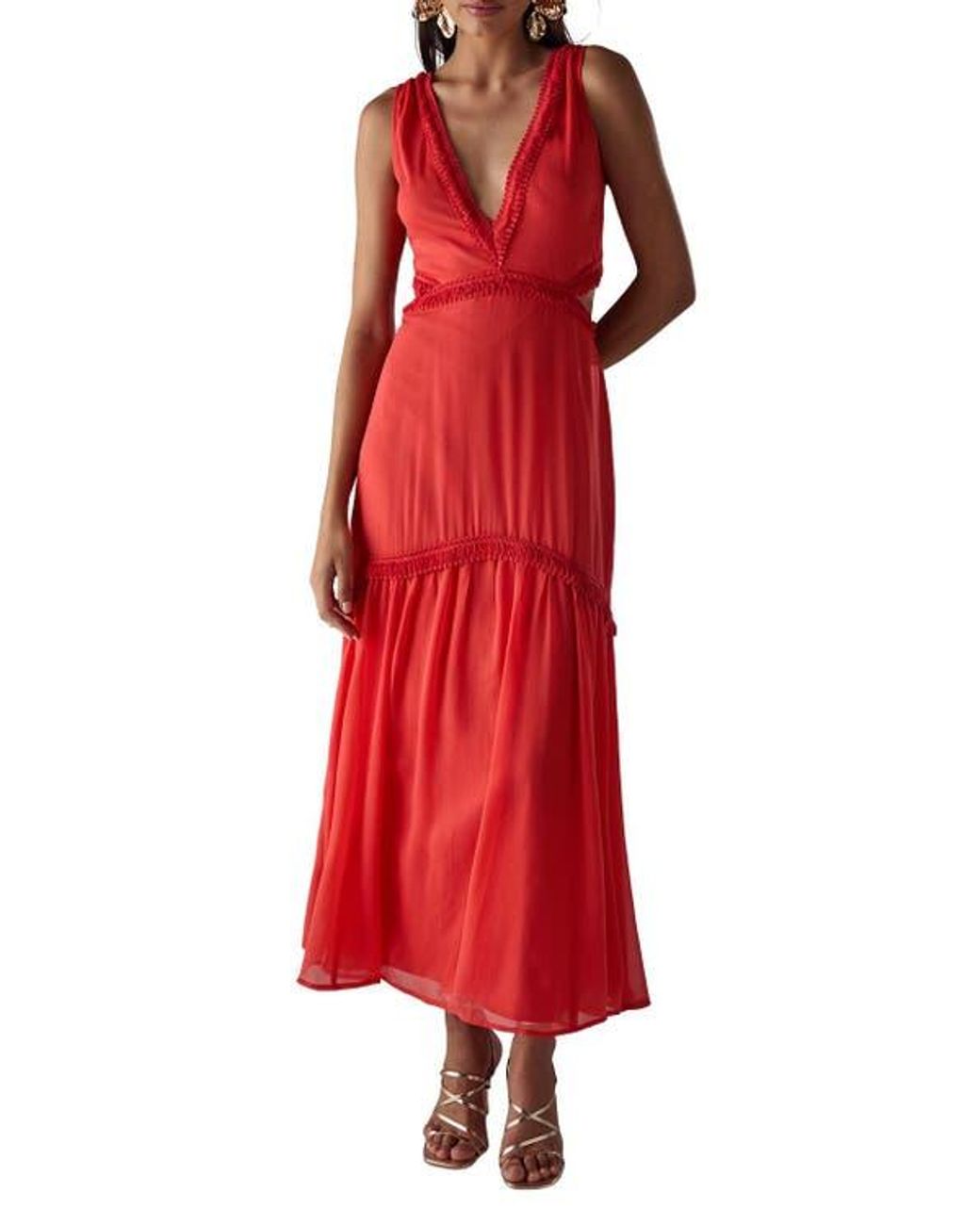 Warehouse Red Chiffon Fringe Trim Cut Out Maxi Dress