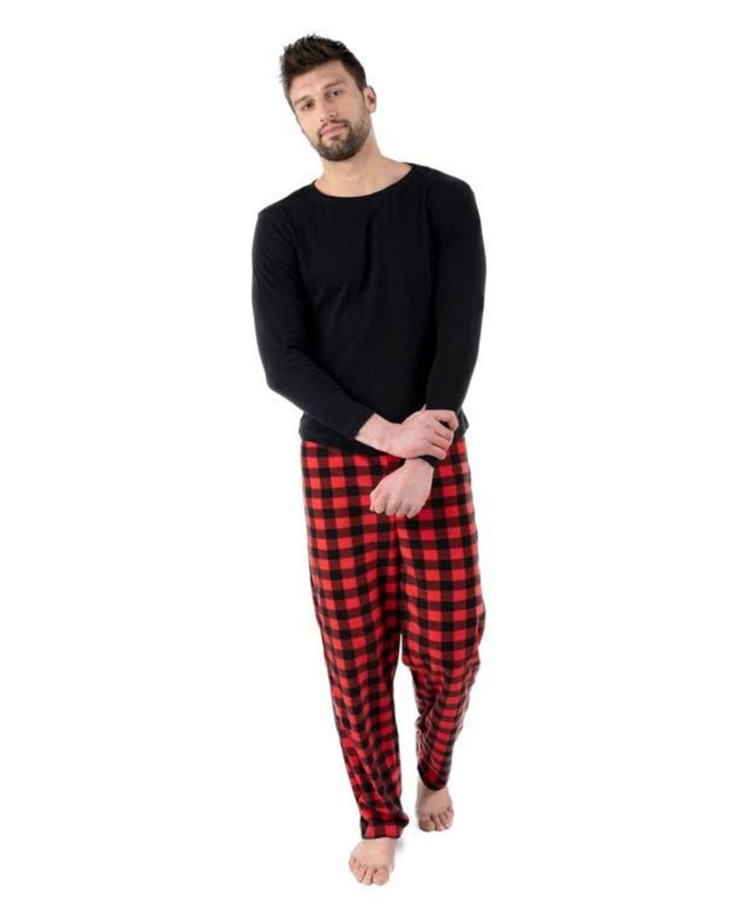 Leveret Red Cotton Top & Fleece Pants Printed Matching Family Holiday Pajama Set for men