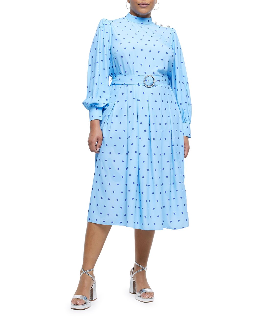 River Island Polka Dot Belted Long Sleeve Dress In Blue Lyst