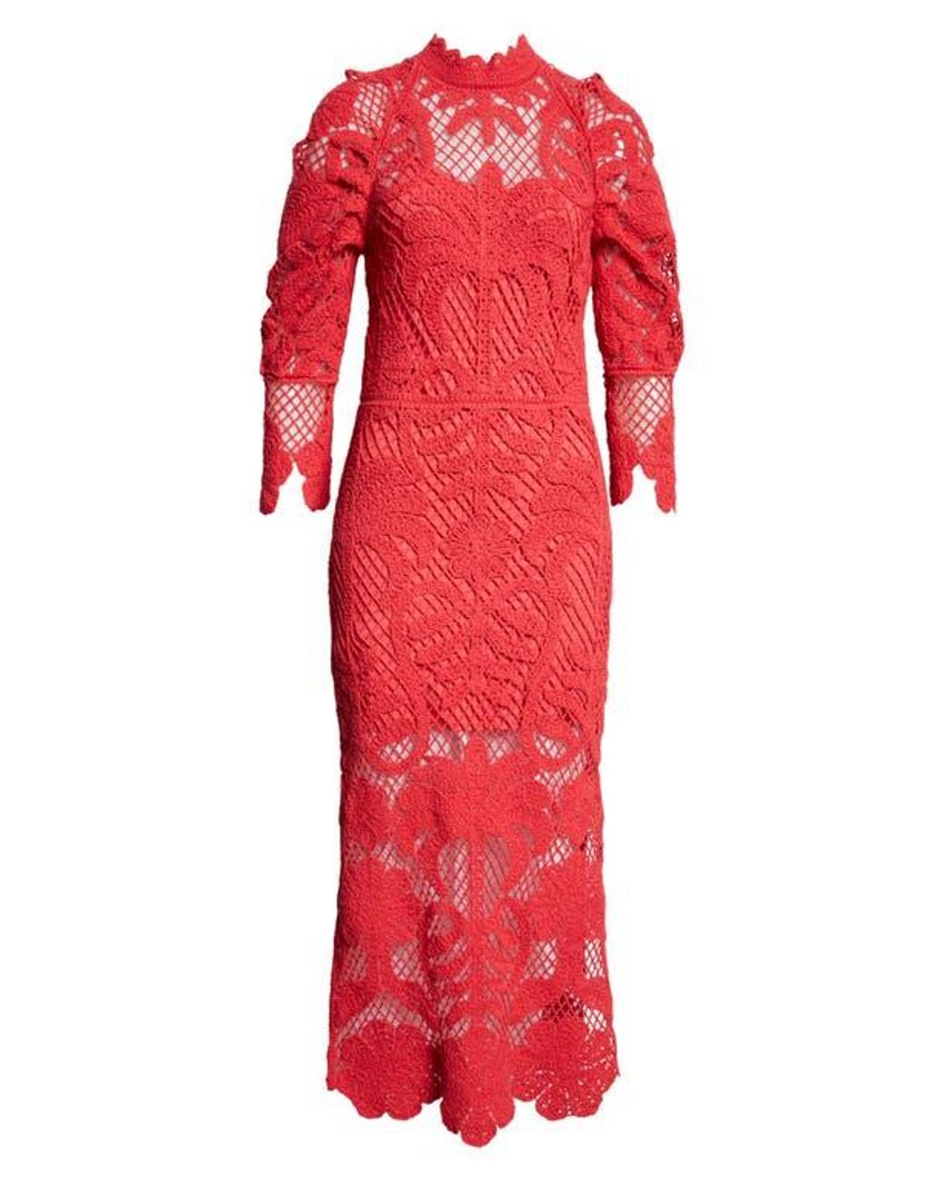 knee length dresses for ladies Red Long Sleeve All-Over Lace Midi Dress 2XL (US 10)