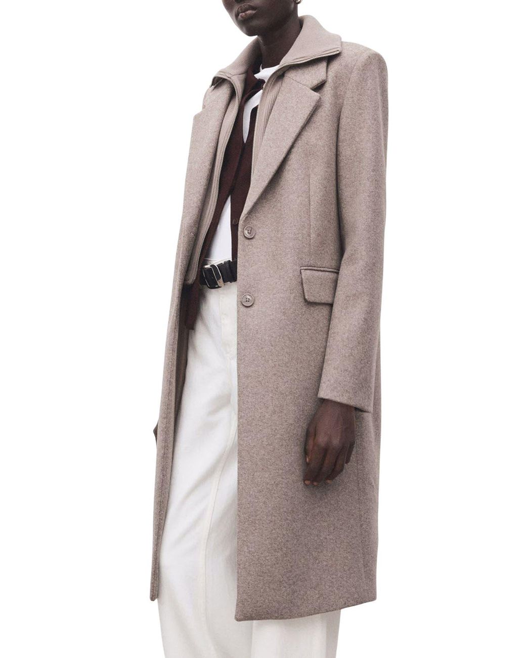 Mango Brown Notch Collar Coat With Removable Bib Insert