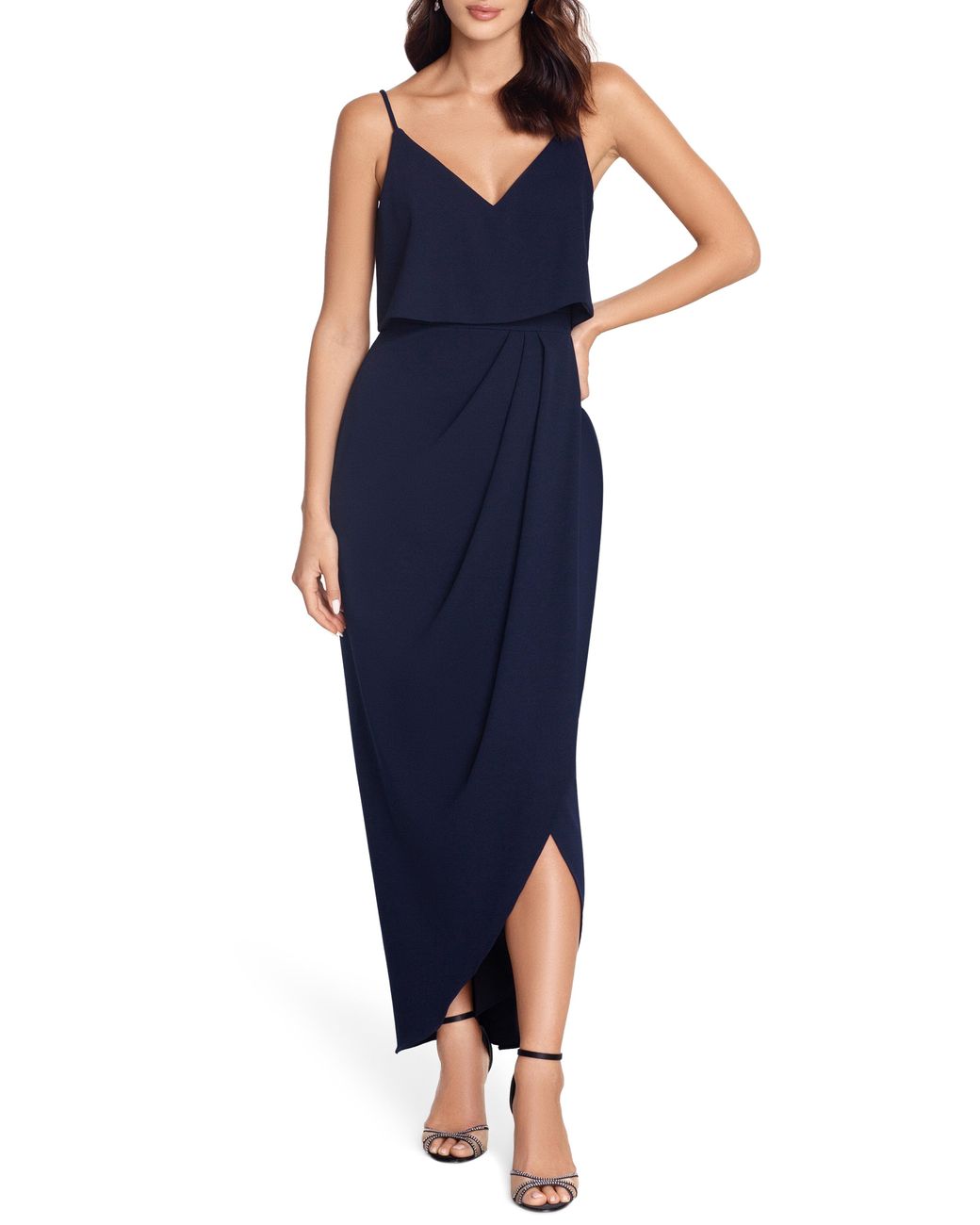 side ruched double strap crepe gown xscape