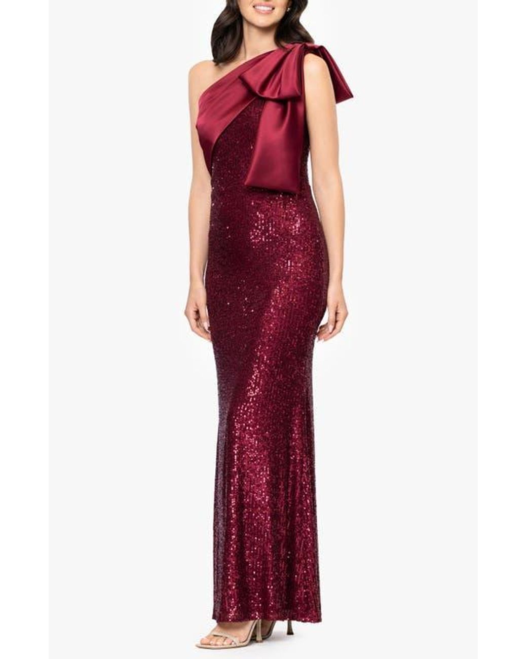 Betsy & Adam Sequin Bow One-Shoulder Column Gown in Red | Lyst