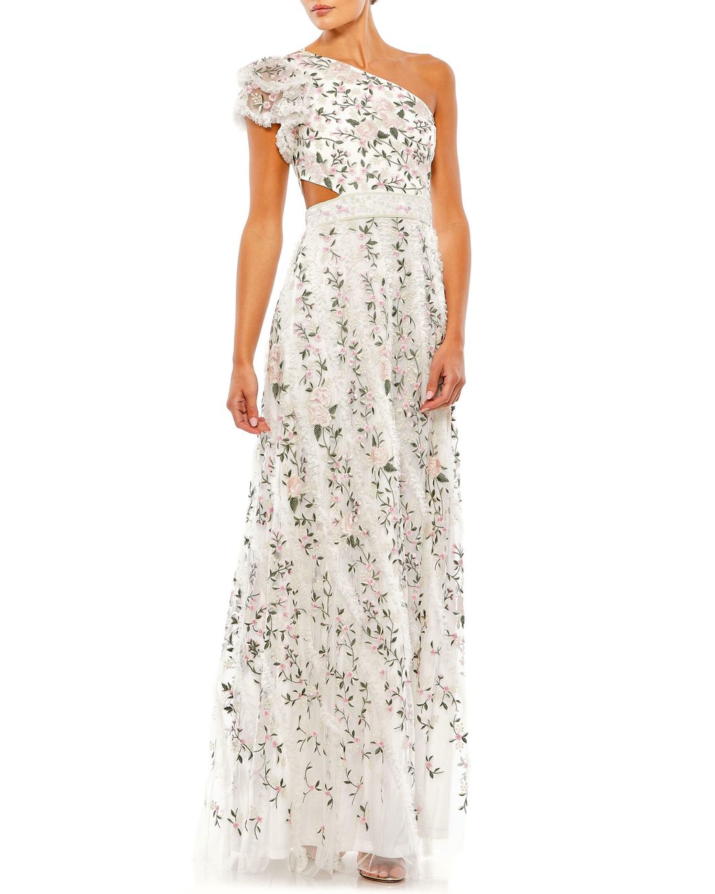 Bcbg embroidered one shoulder gown cheap