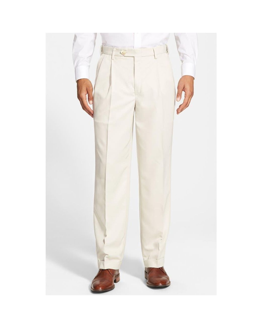 Berle White Self Sizer Waist Pleated Classic Fit Microfiber Trousers for men