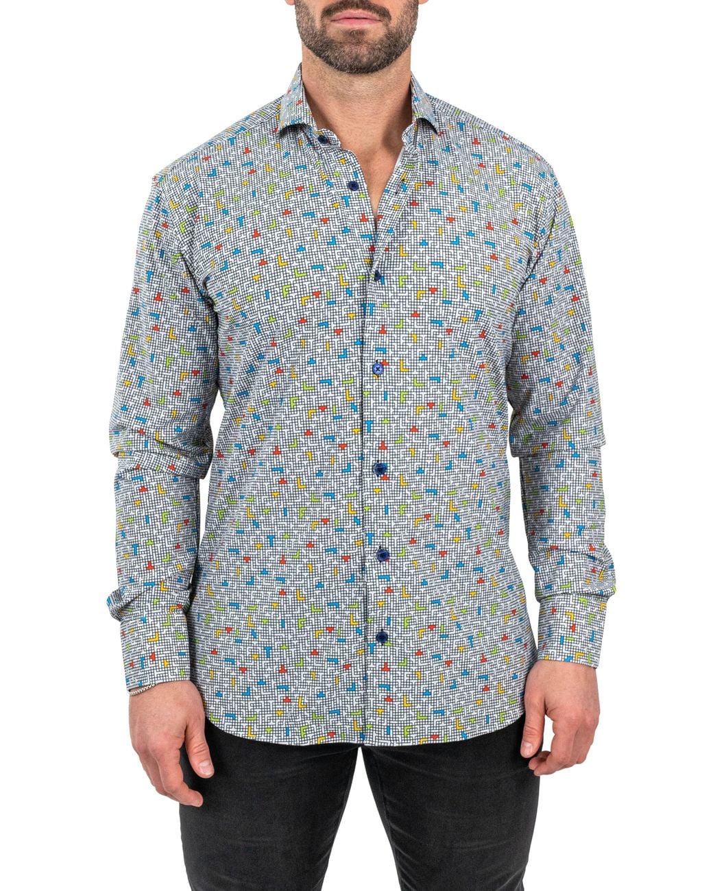 Maceoo Blue Einstein Stretch Tetris Button-Up Shirt for men
